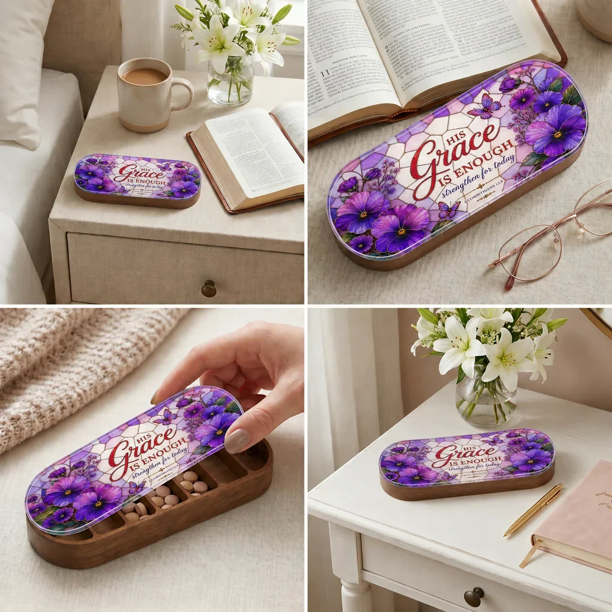 Purple floral small items Pill Case with 'His Grace Is Enough' Bible verse, wooden base, faith-inspired design
