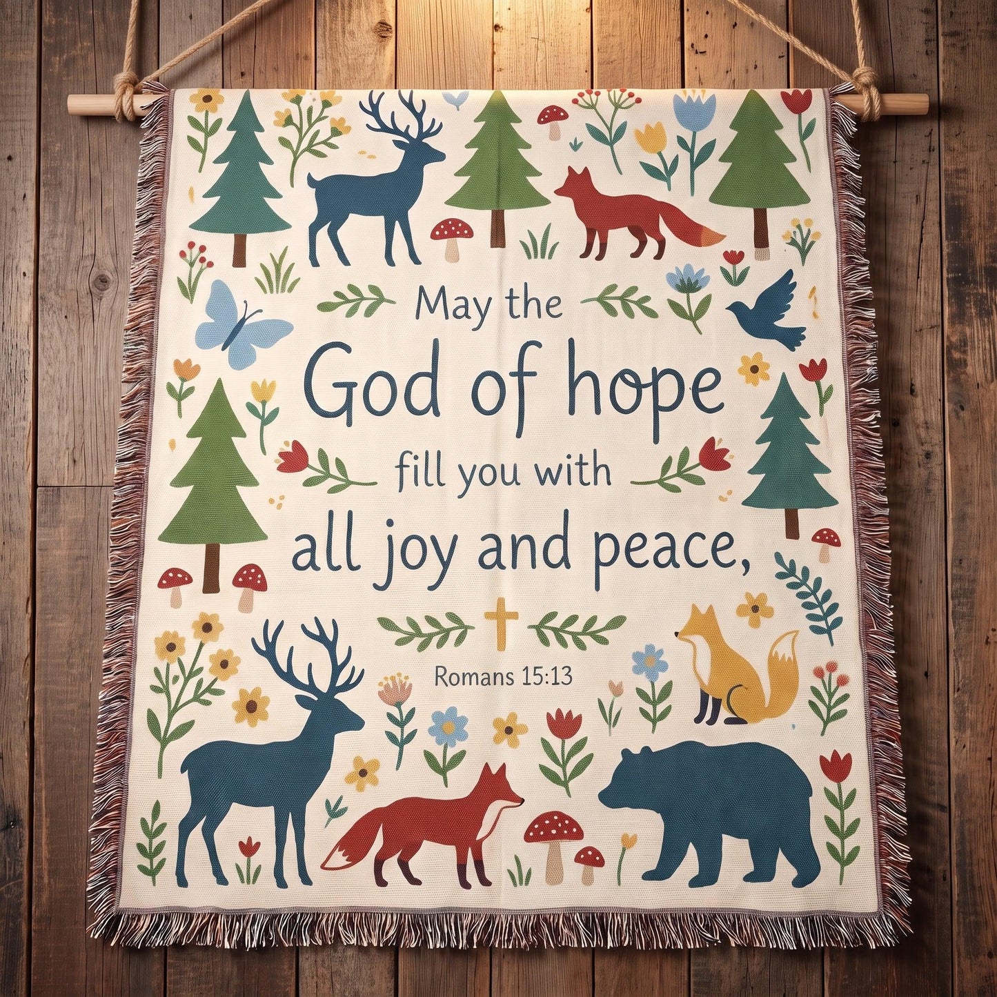 "God of Hope — Romans 15:13 Woodland Tapestry" Woven Blanket