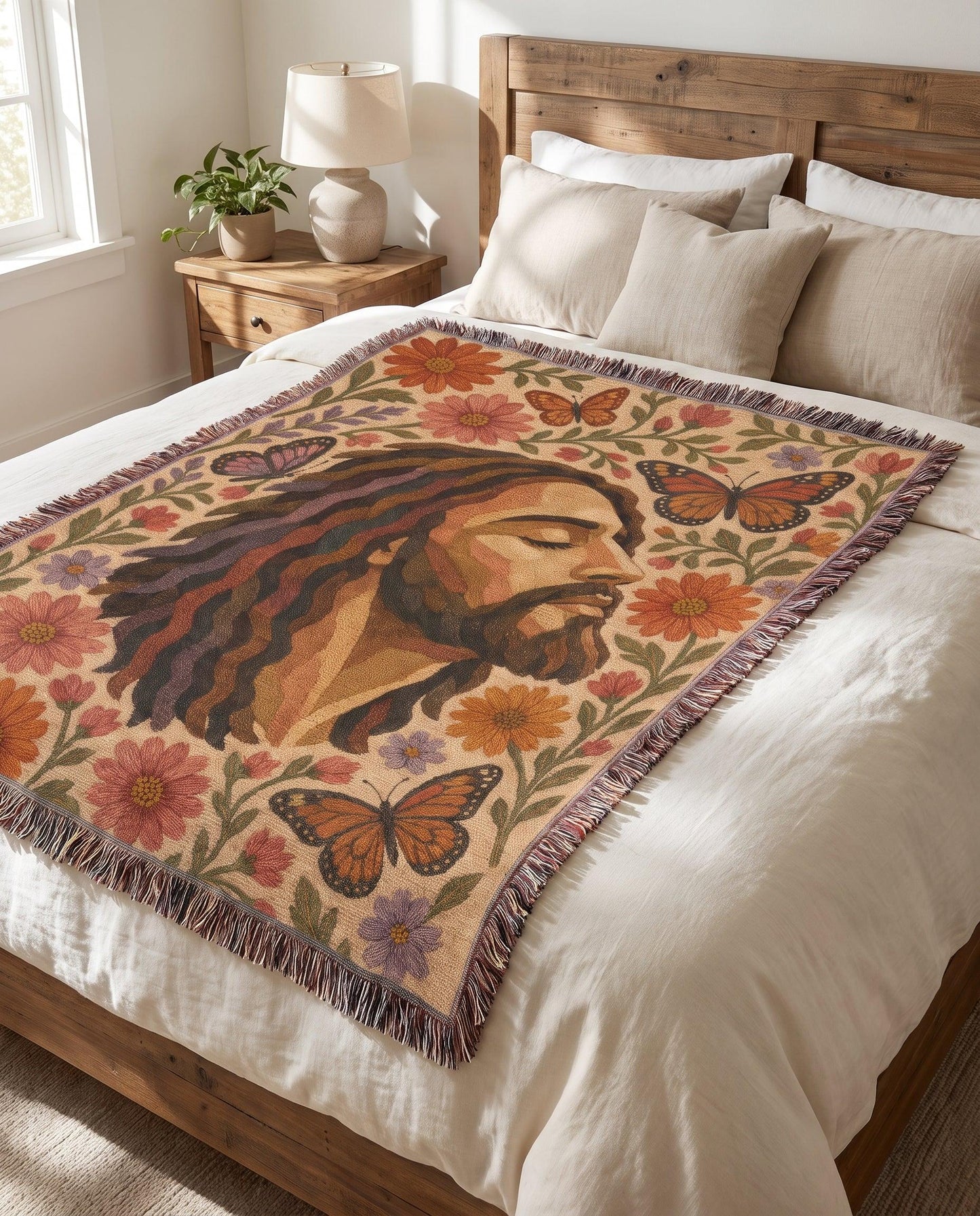 "Grace in Bloom — Jesus Butterfly Garden" Woven Blanket