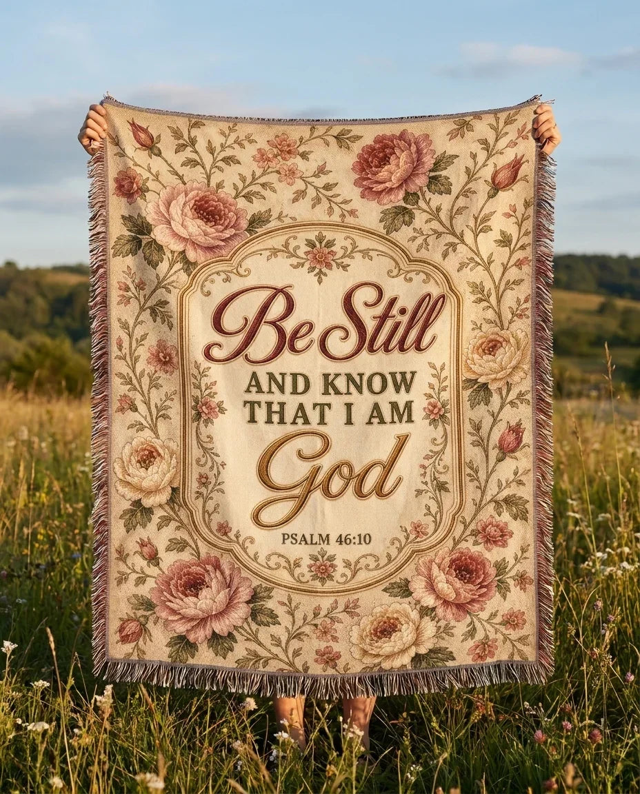 "Be Still — Psalm 46:10 Vintage Floral" Woven Blanket