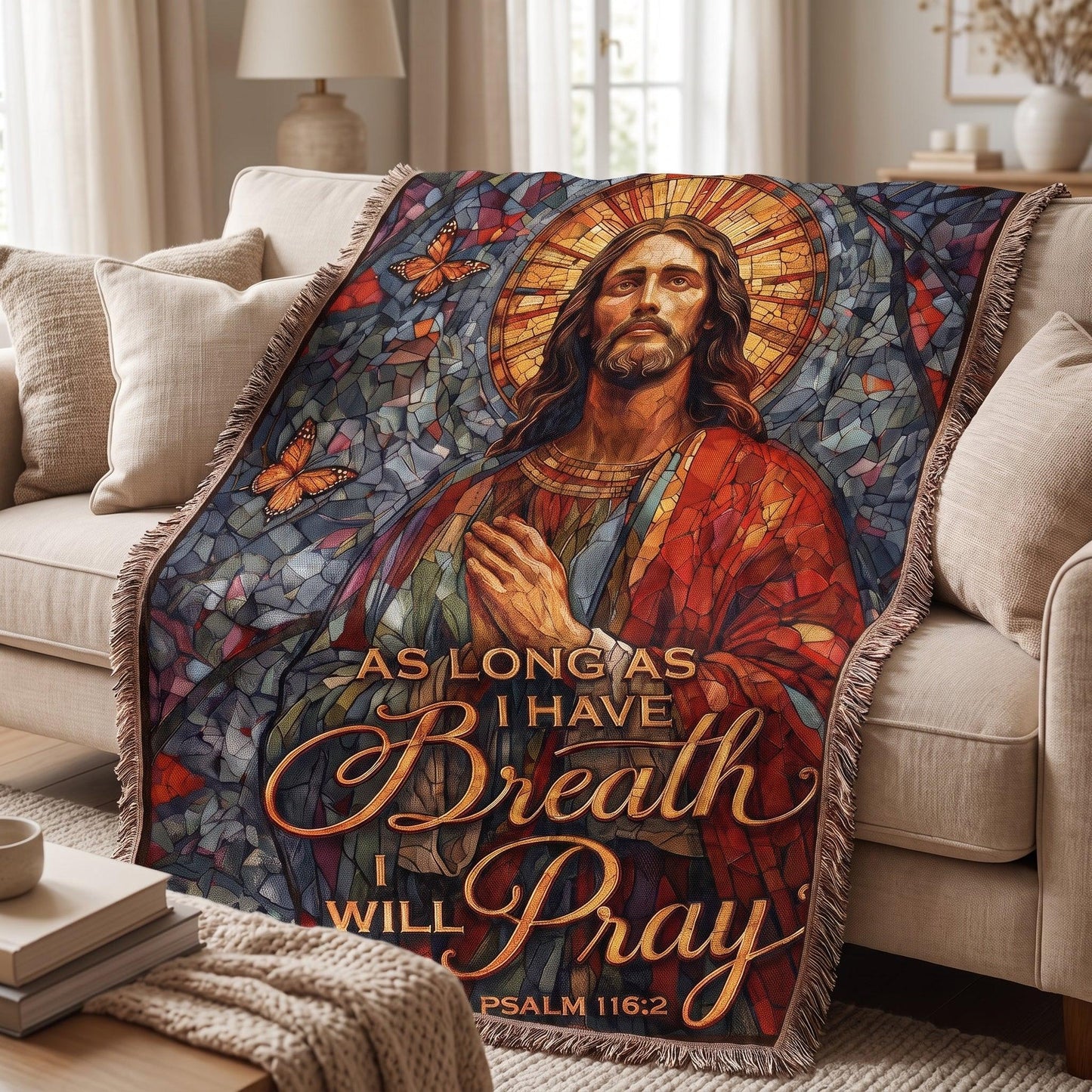 "As Long As I Have Breath I Will Pray — Psalm 116:2" Woven Blanket