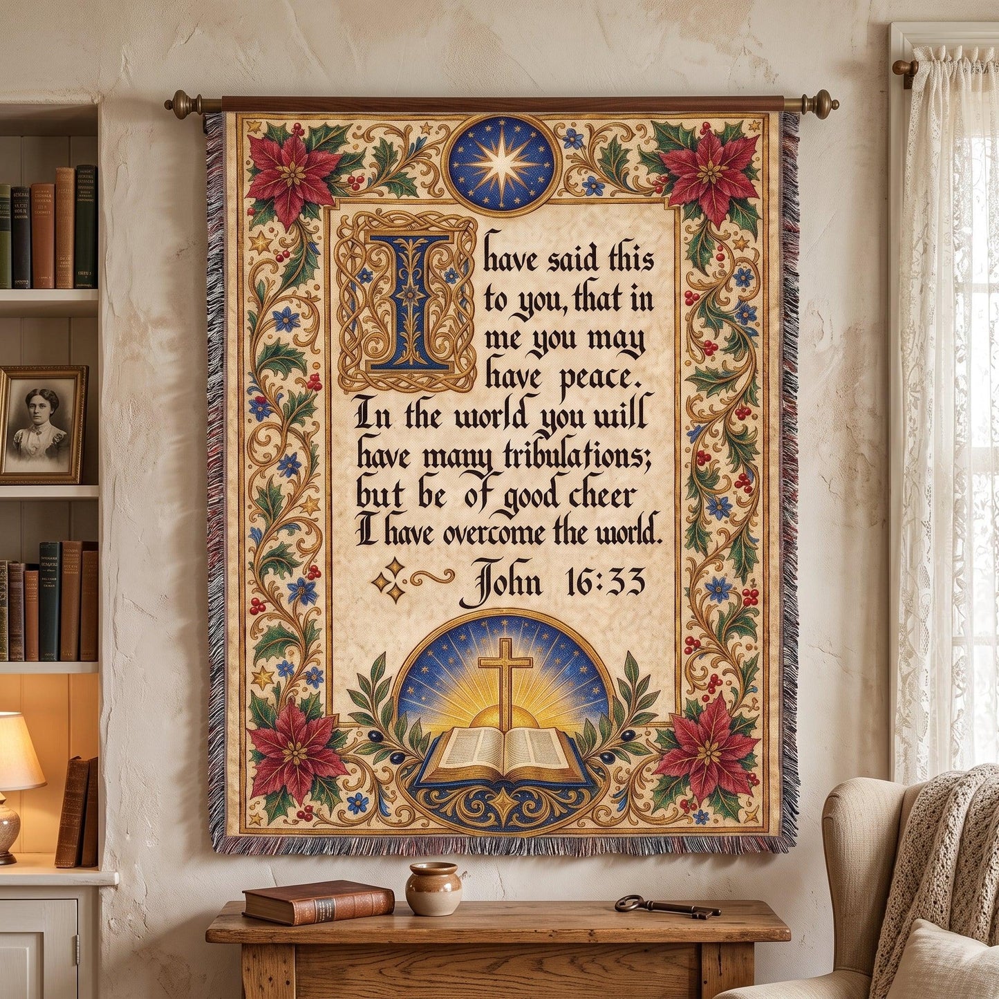 "I Have Overcome the World — John 16:33 Illuminated Manuscript" Woven Blanket