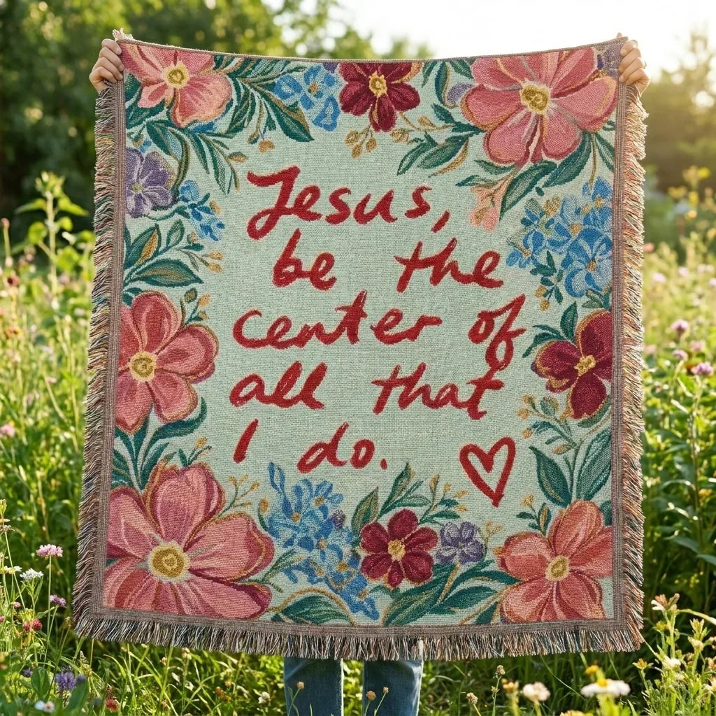 Jesus Be the Center of All That I Do Floral Woven Blanket