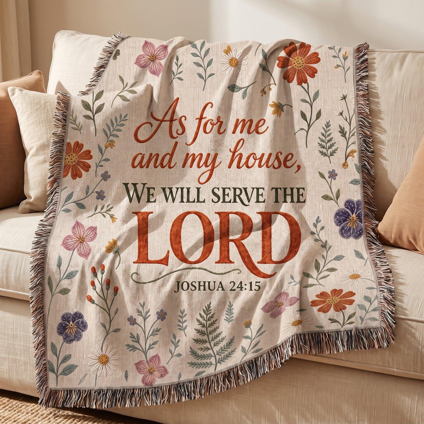"As for Me and My House — Joshua 24:15 Rustic Botanical" Woven Blanket