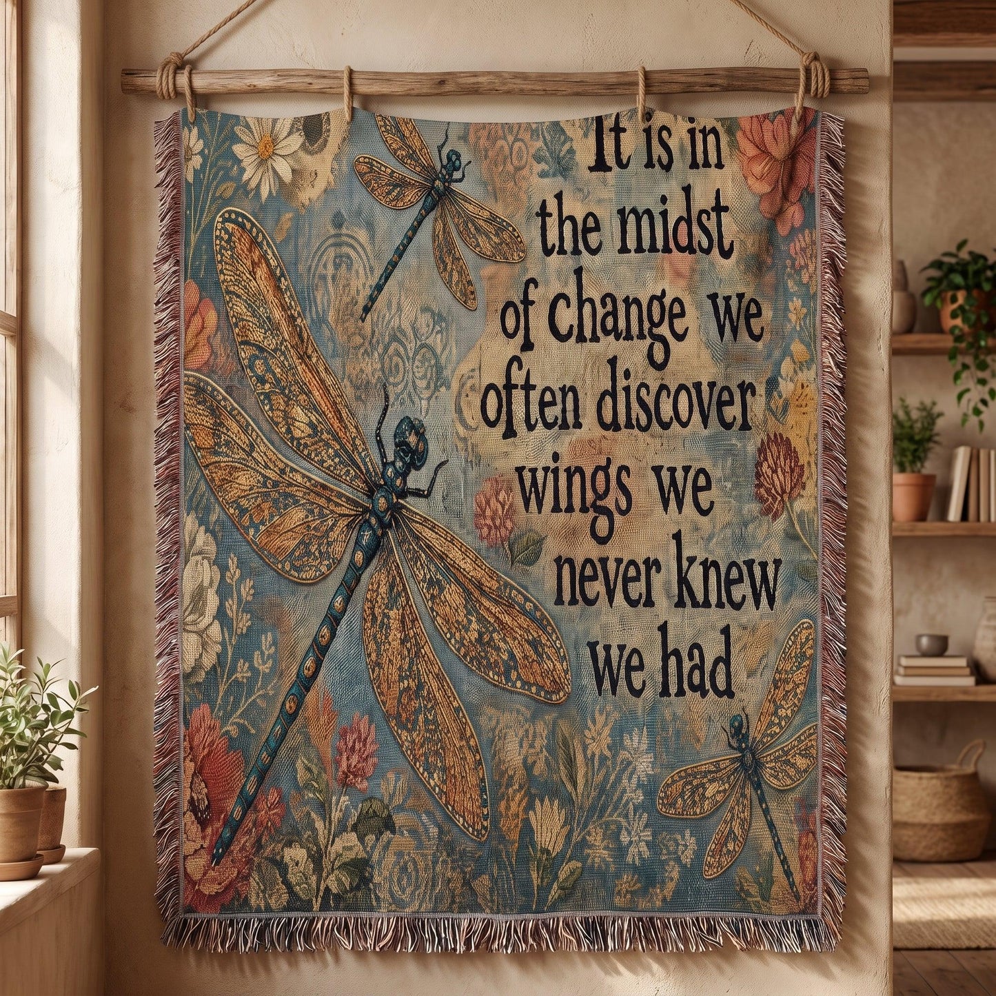 "In the Midst of Change — Dragonfly Botanical" Woven Blanket