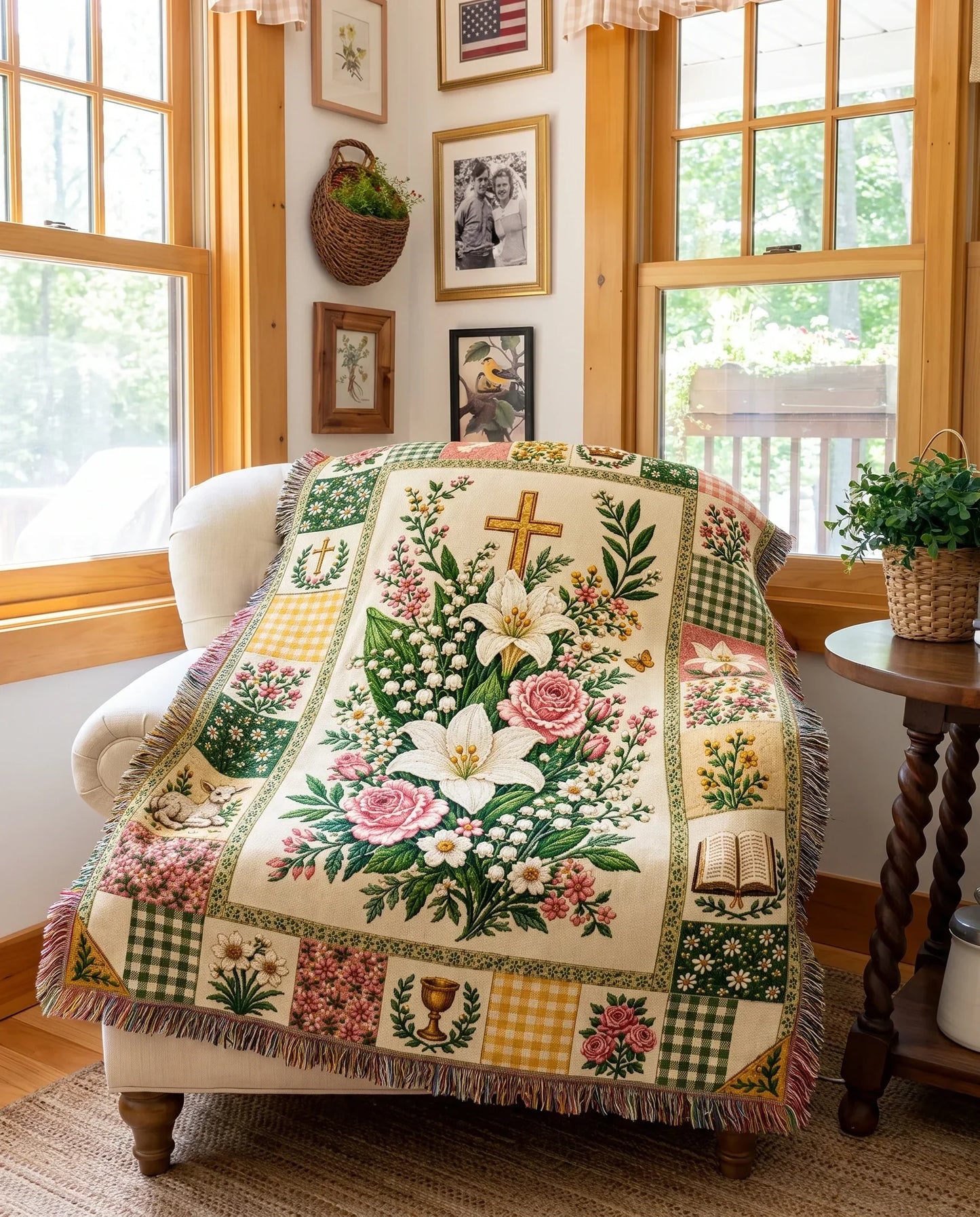Easter Cross Floral Patchwork Woven Blanket