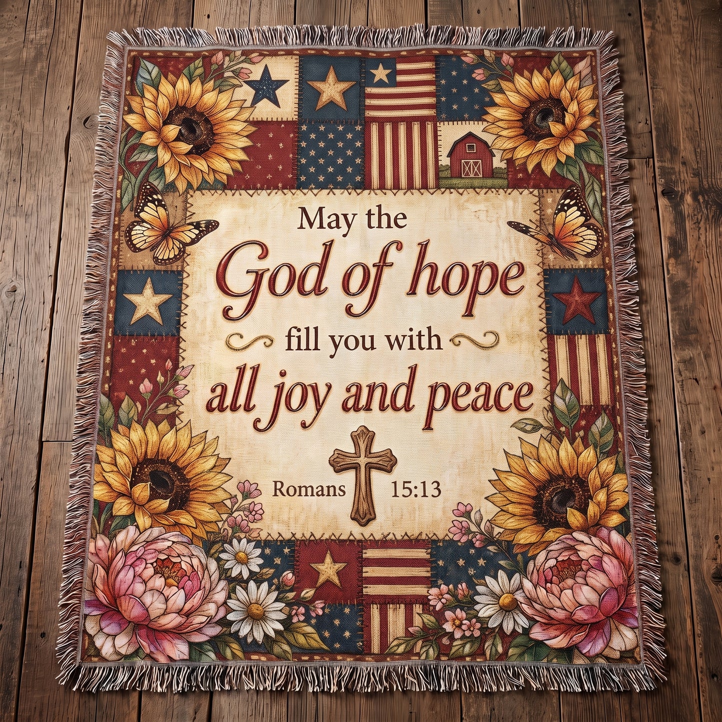 God of Hope - Romans 15:13 Patriotic Patchwork Woven Blanket