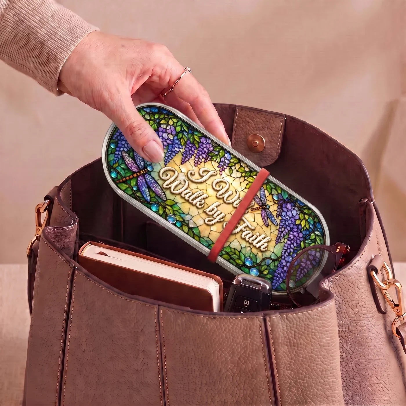 "I Will Walk by Faith — Wisteria & Dragonfly Stained Glass" Pill Case — wisteria and dragonfly Pill Case carried inside a handbag