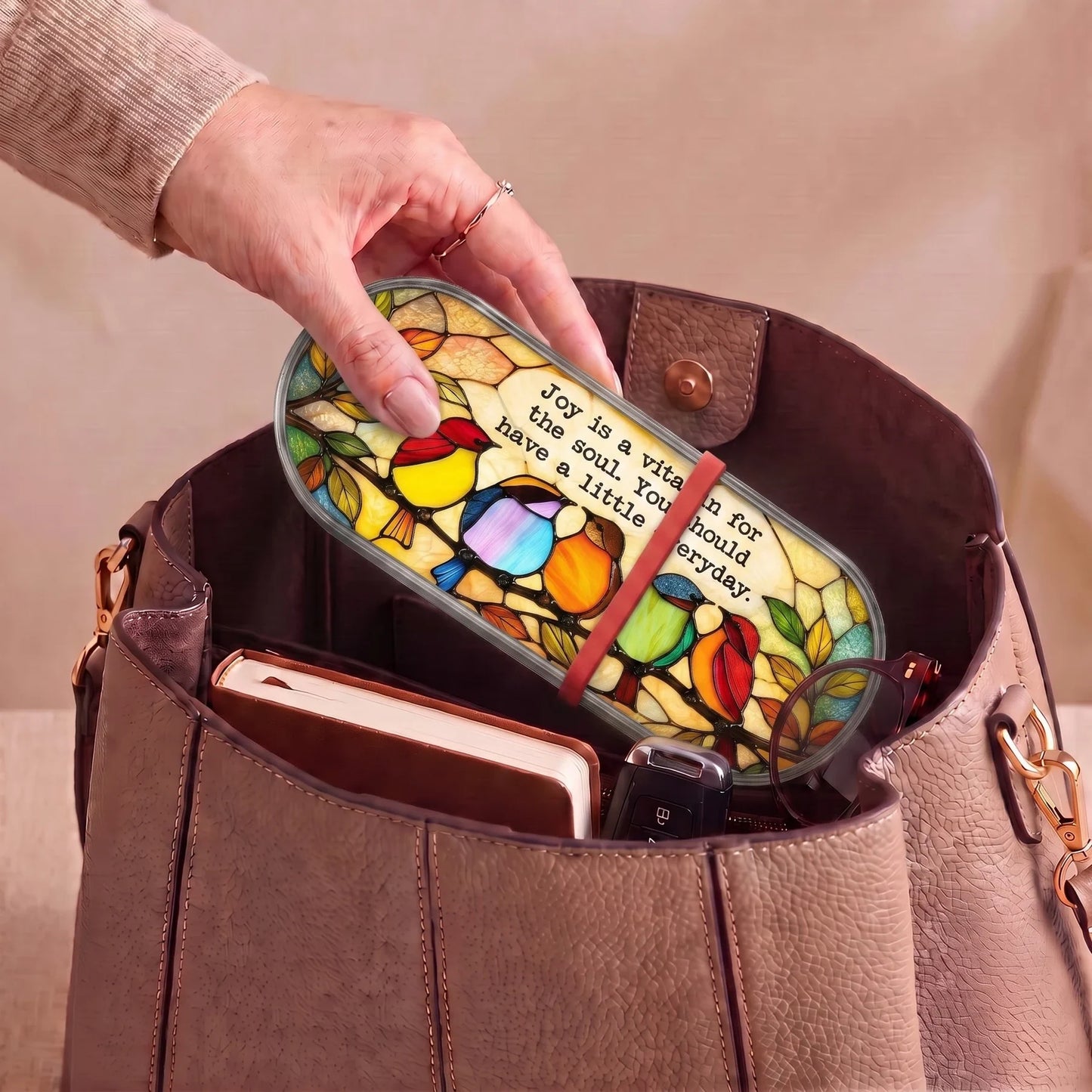 Joy Is a Vitamin for the Soul colorful songbirds Pillcase carried inside a handbag with everyday essentials
