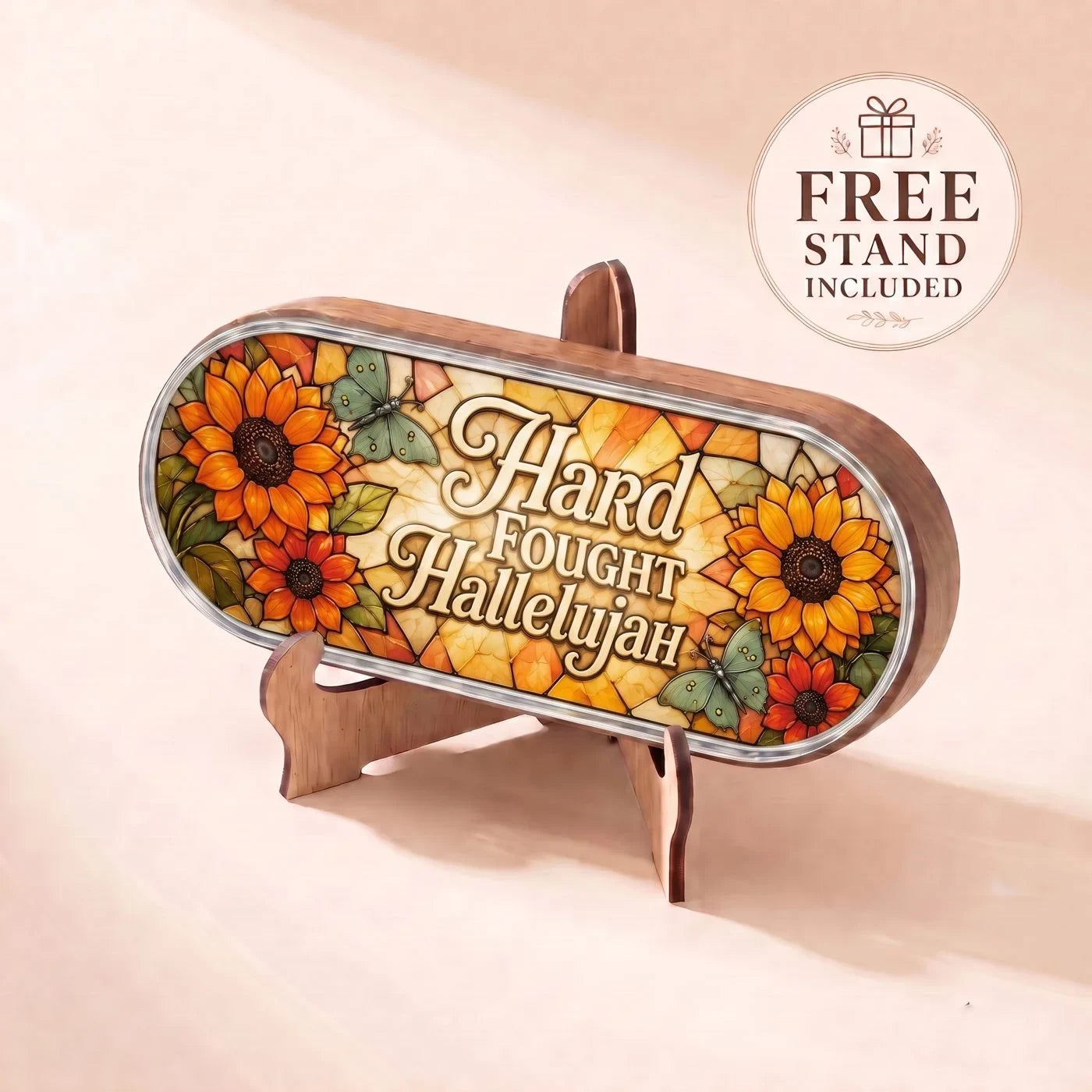 "Hard Fought Hallelujah — Sunflower & Butterfly Stained Glass" Pill Case — scripture plaque displayed on the included wooden stand