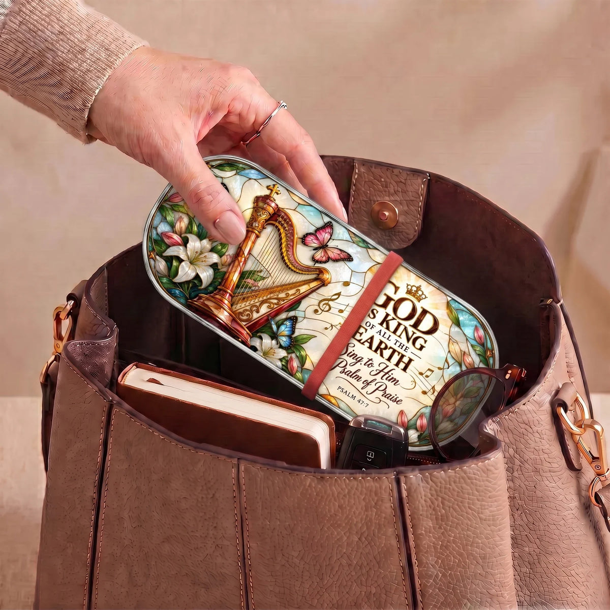 Psalm 47:7 harp and butterfly Pillcase carried inside a handbag with everyday essentials