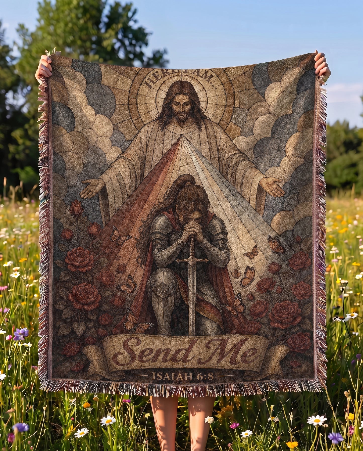 Here I Am Send Me Isaiah 6:8 woven blanket held outdoors showing full artwork