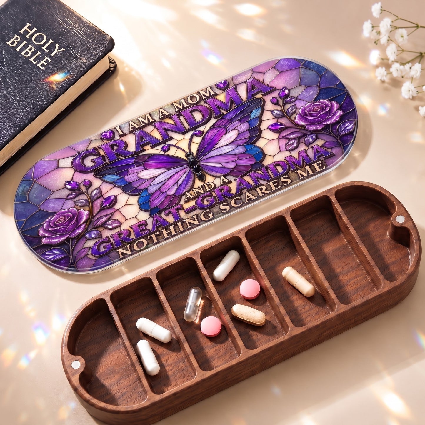 I Am a Mom Grandma and Great-Grandma Pillcase with Holy Bible and daily tablets
