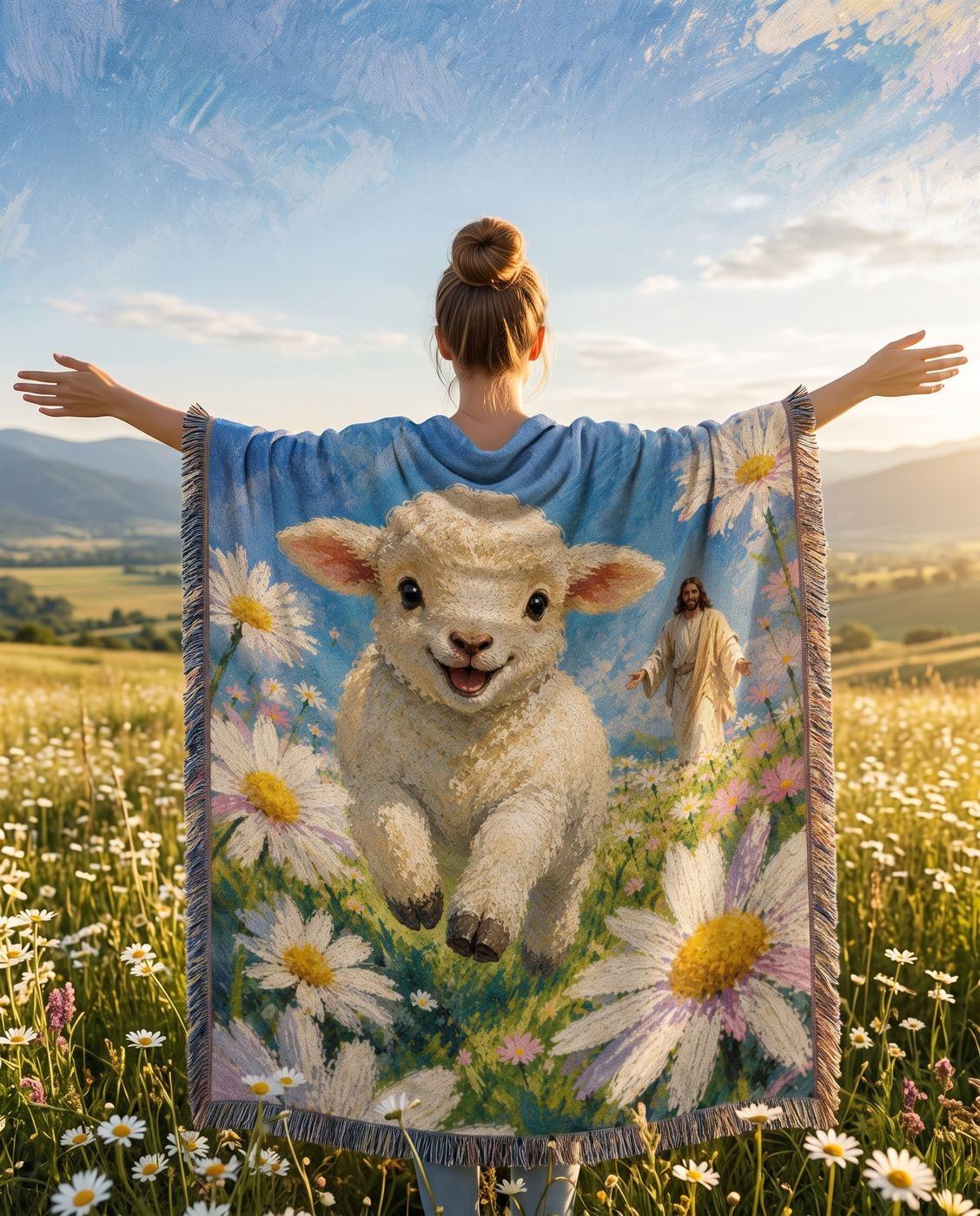 Joyful Lamb with Jesus in the Daisy Meadow Woven Blanket