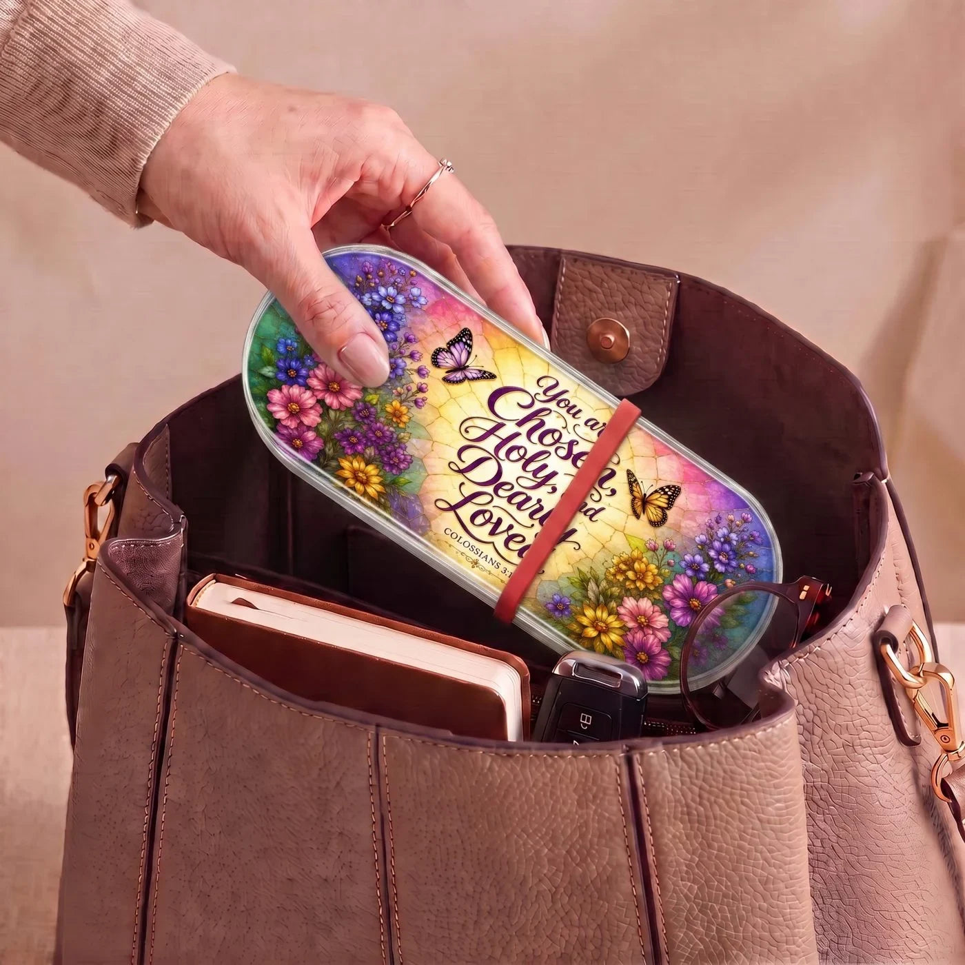 "You Are Chosen, Holy, and Dearly Loved — Colossians 3:12" Pill Case dimensions and features