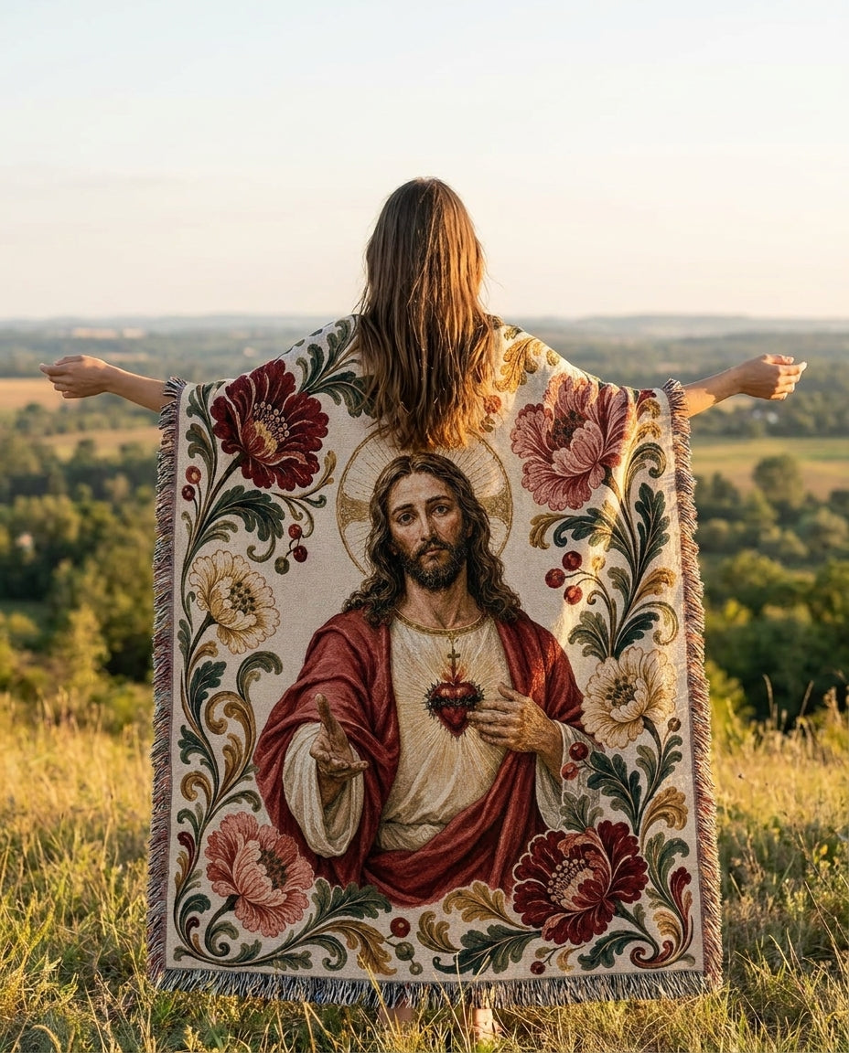 Golden hillside lifestyle - Sacred Heart Jesus Floral Woven Blanket