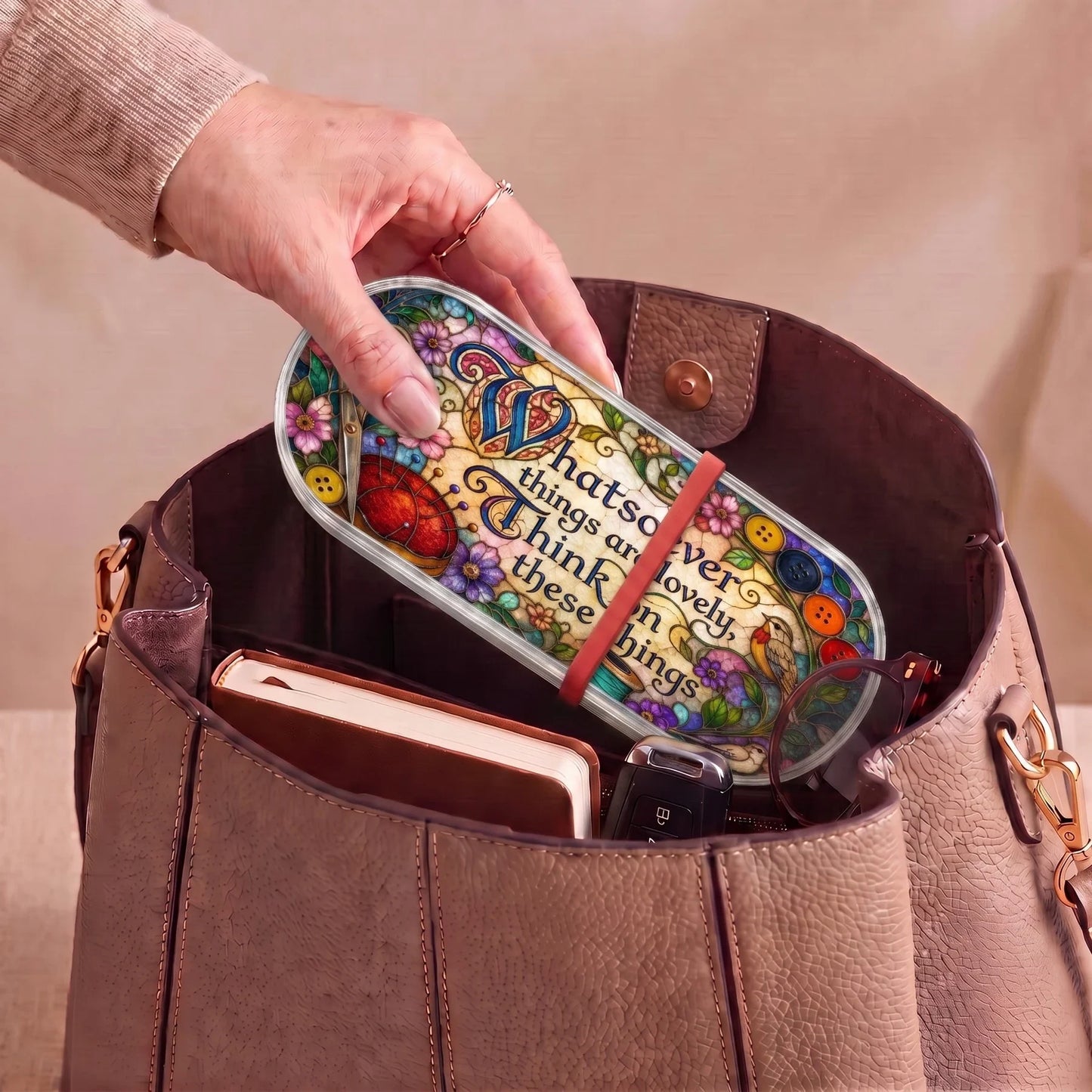 Whatsoever Things Are Lovely sewing-themed Pillcase carried inside a handbag with everyday essentials
