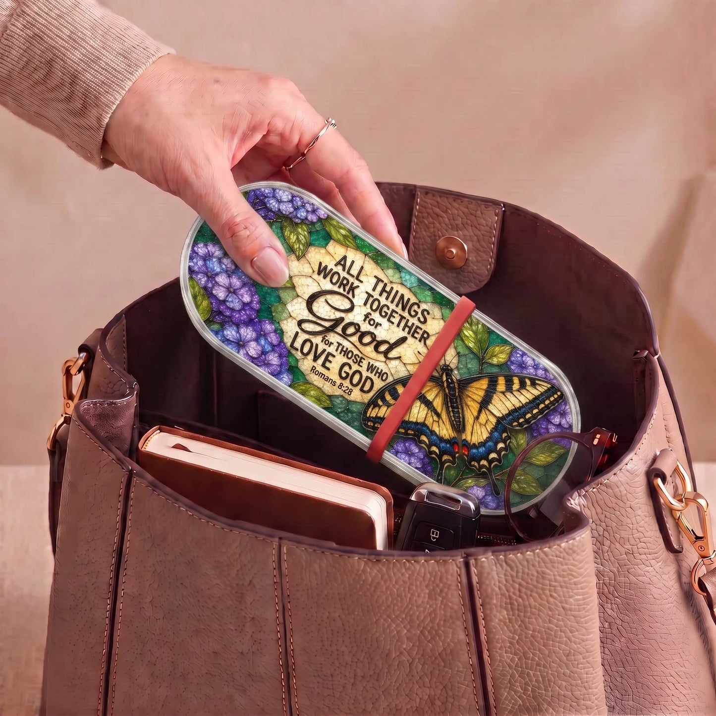 Romans 8:28 butterfly floral Pillcase carried inside a handbag with everyday essentials