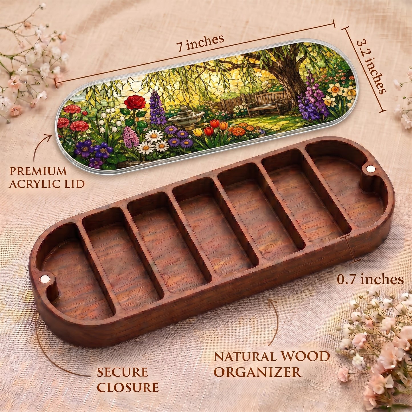 Peaceful Garden Retreat Pillcase dimensions with garden acrylic lid, secure closure and natural wood organizer