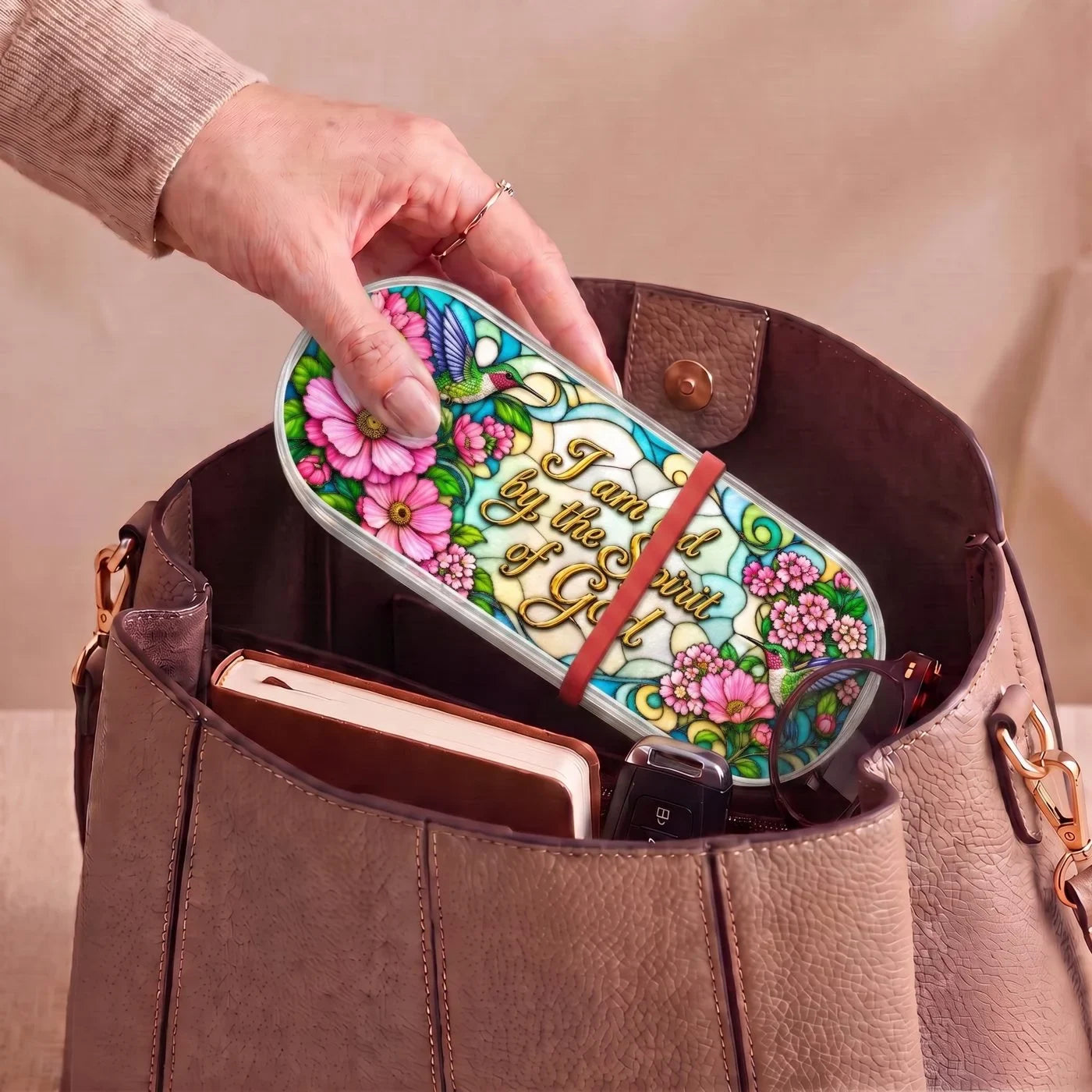 Led by the Spirit of God Hummingbird Pill Case lifestyle open view