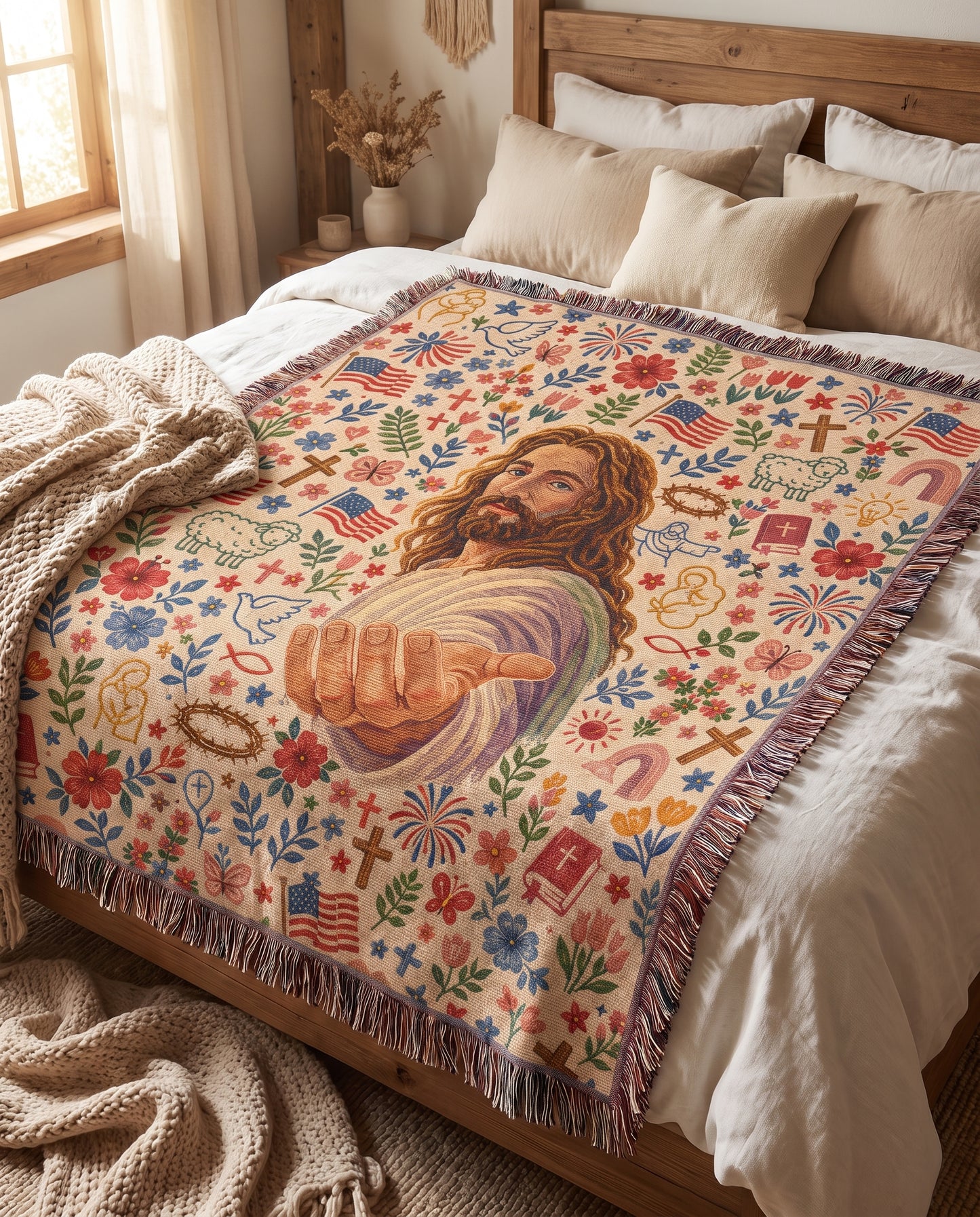 Bedroom styling - Welcoming Savior Folk Faith Woven Blanket