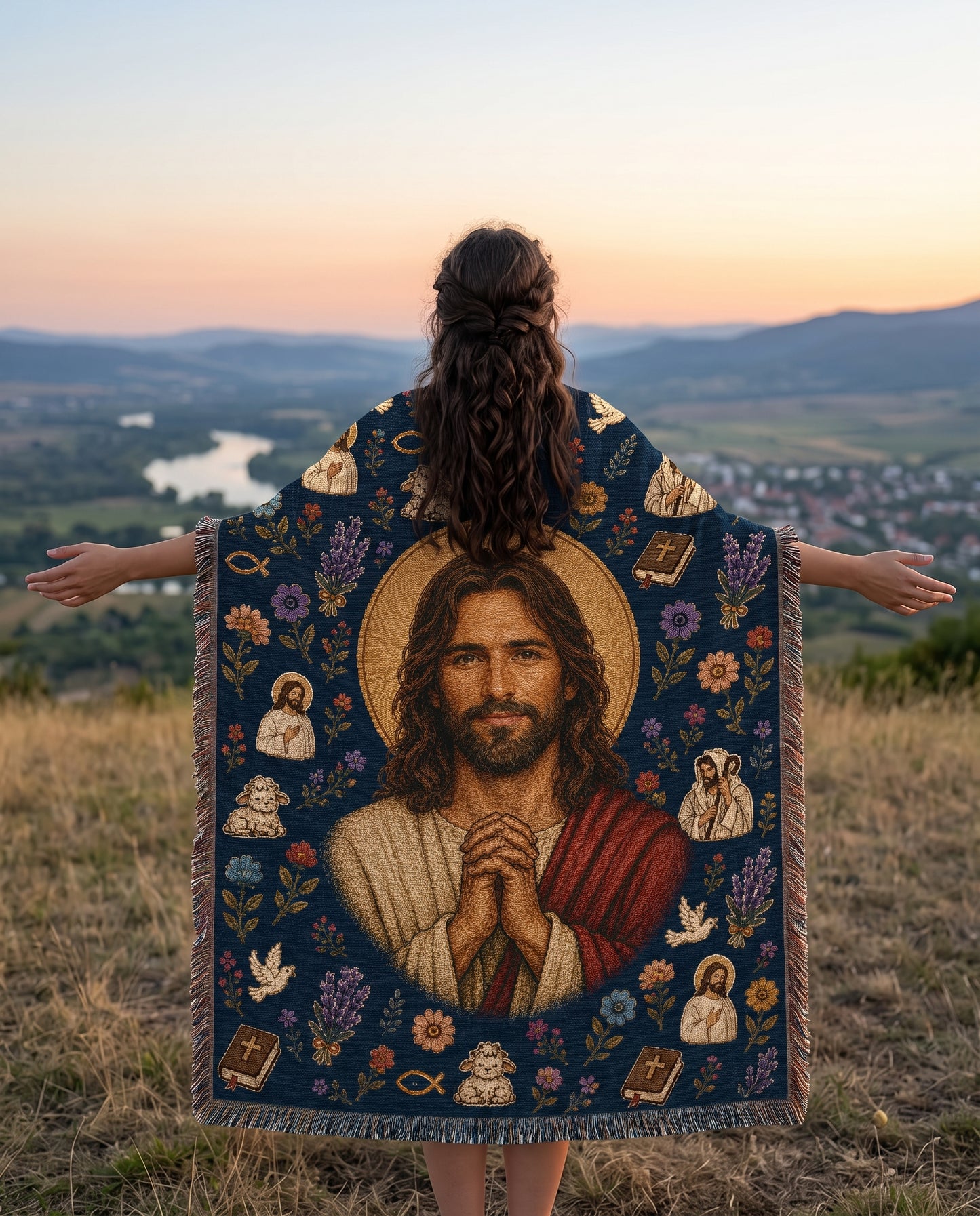 Praying Jesus - Good Shepherd Garden Woven Blanket