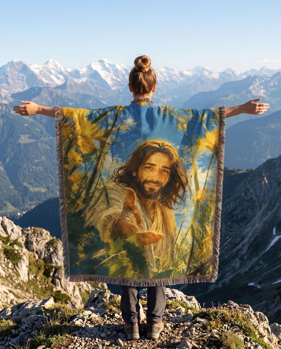 Reach for Me - Jesus in the Golden Meadow Woven Blanket