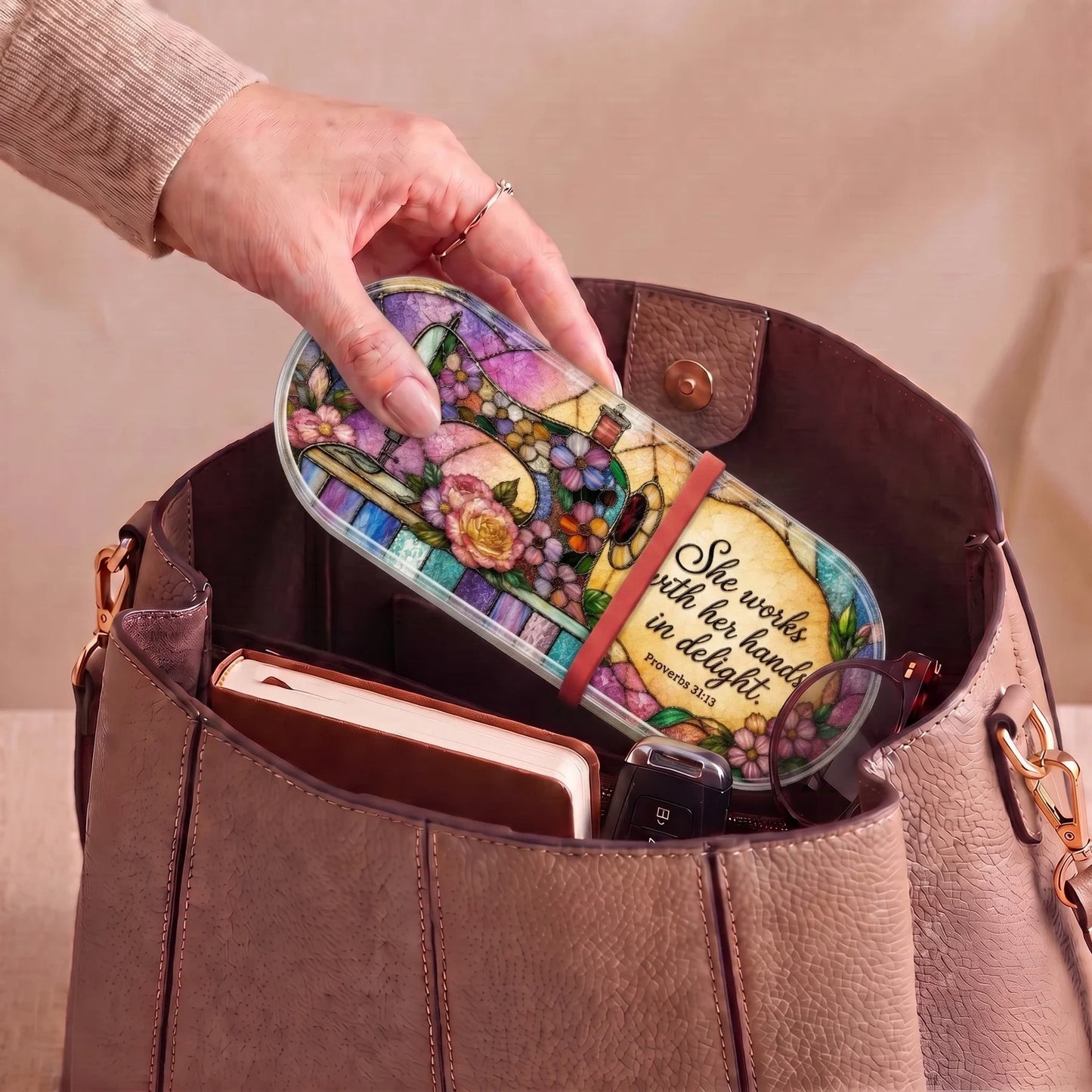Proverbs 31:13 sewing floral Pillcase carried inside a handbag with everyday essentials