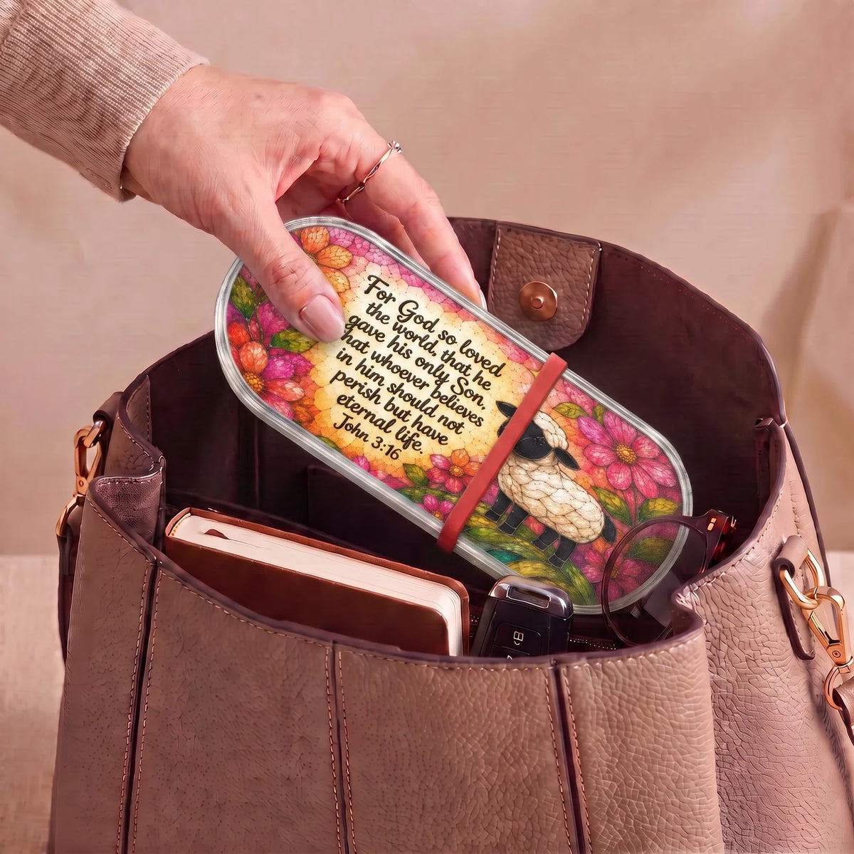 John 3:16 floral sheep Pillcase carried inside a handbag with everyday essentials