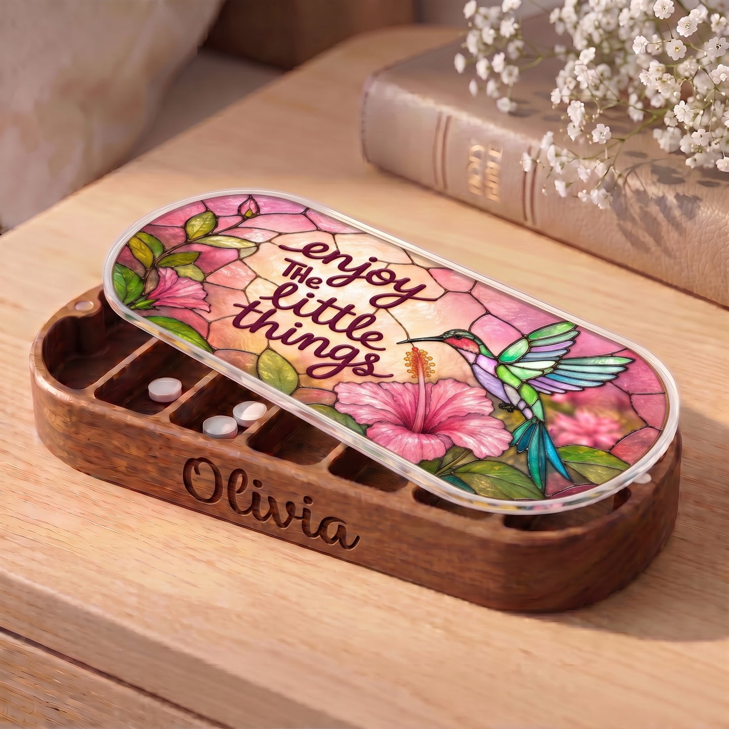 Personalized Olivia Pillcase with hummingbird, pink hibiscus and Enjoy the Little Things lid