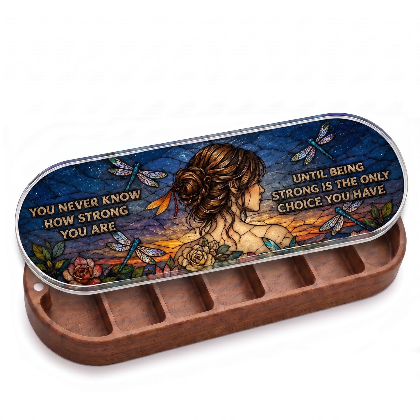 Open wooden Pillcase with You Never Know How Strong You Are woman, roses and dragonflies lid on white