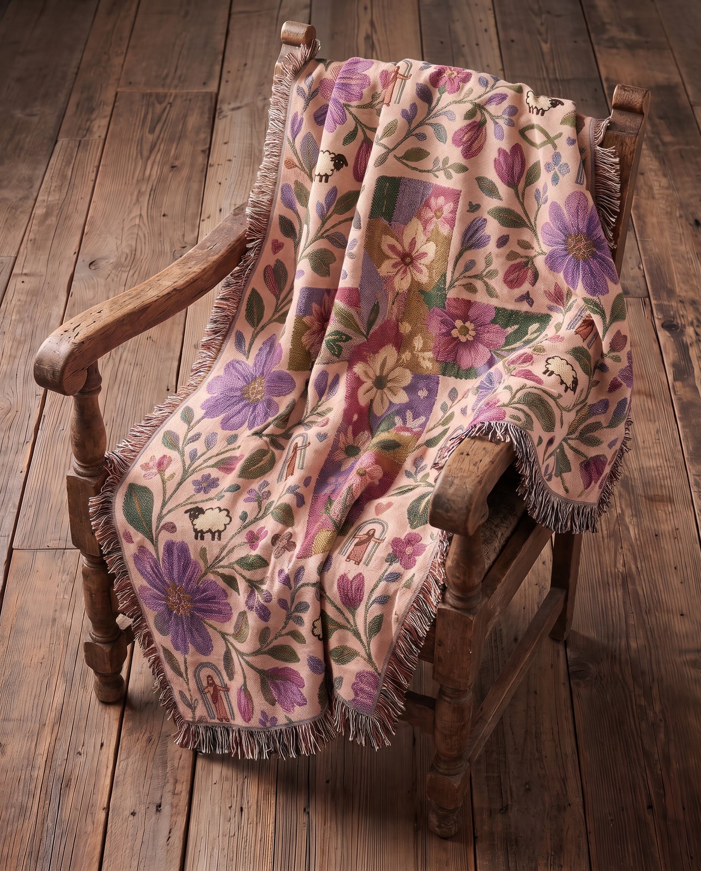 Meadow Cross of Faith - Shepherds Garden Woven Blanket - Meadow Cross of Faith woven blanket draped on rustic rocking chair