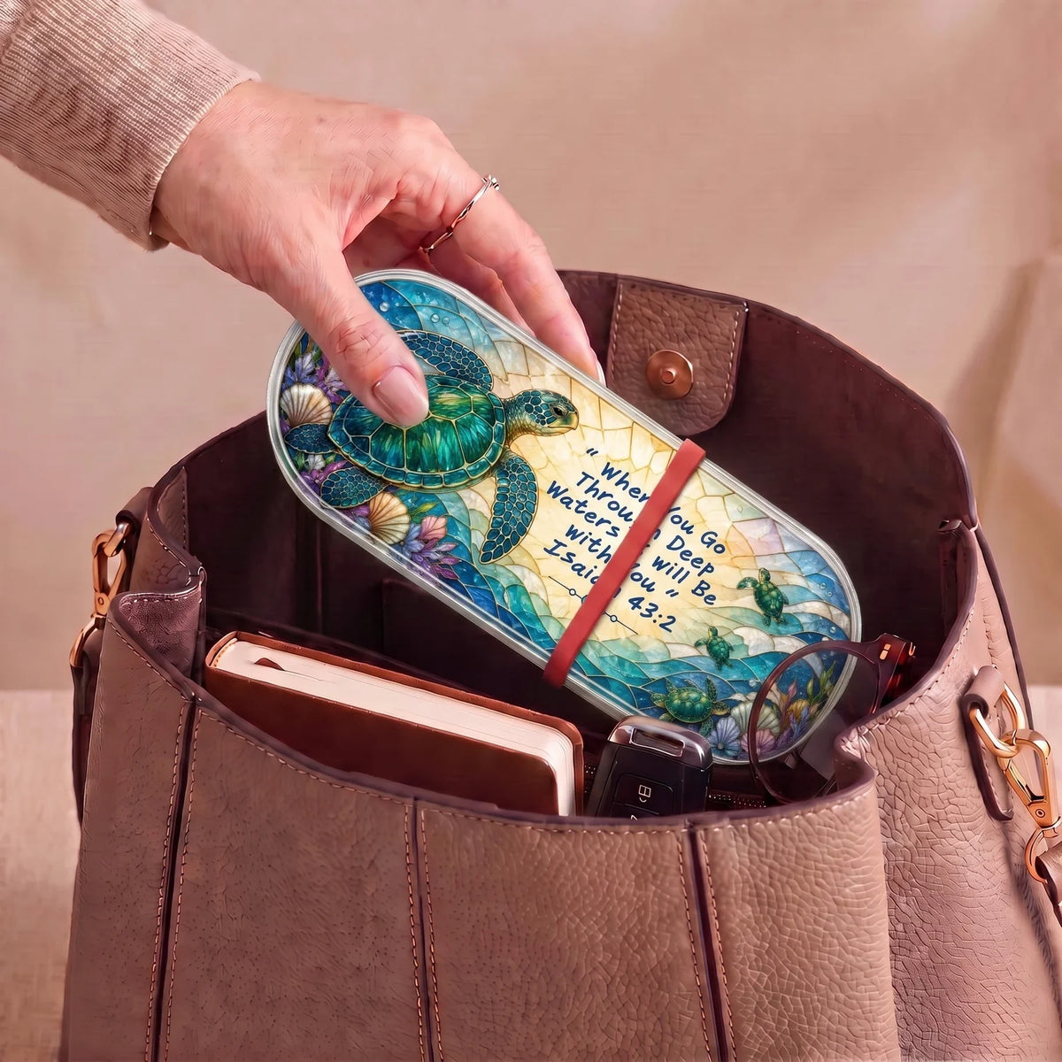 Isaiah 43:2 sea turtle stained-glass Pillcase carried inside a handbag