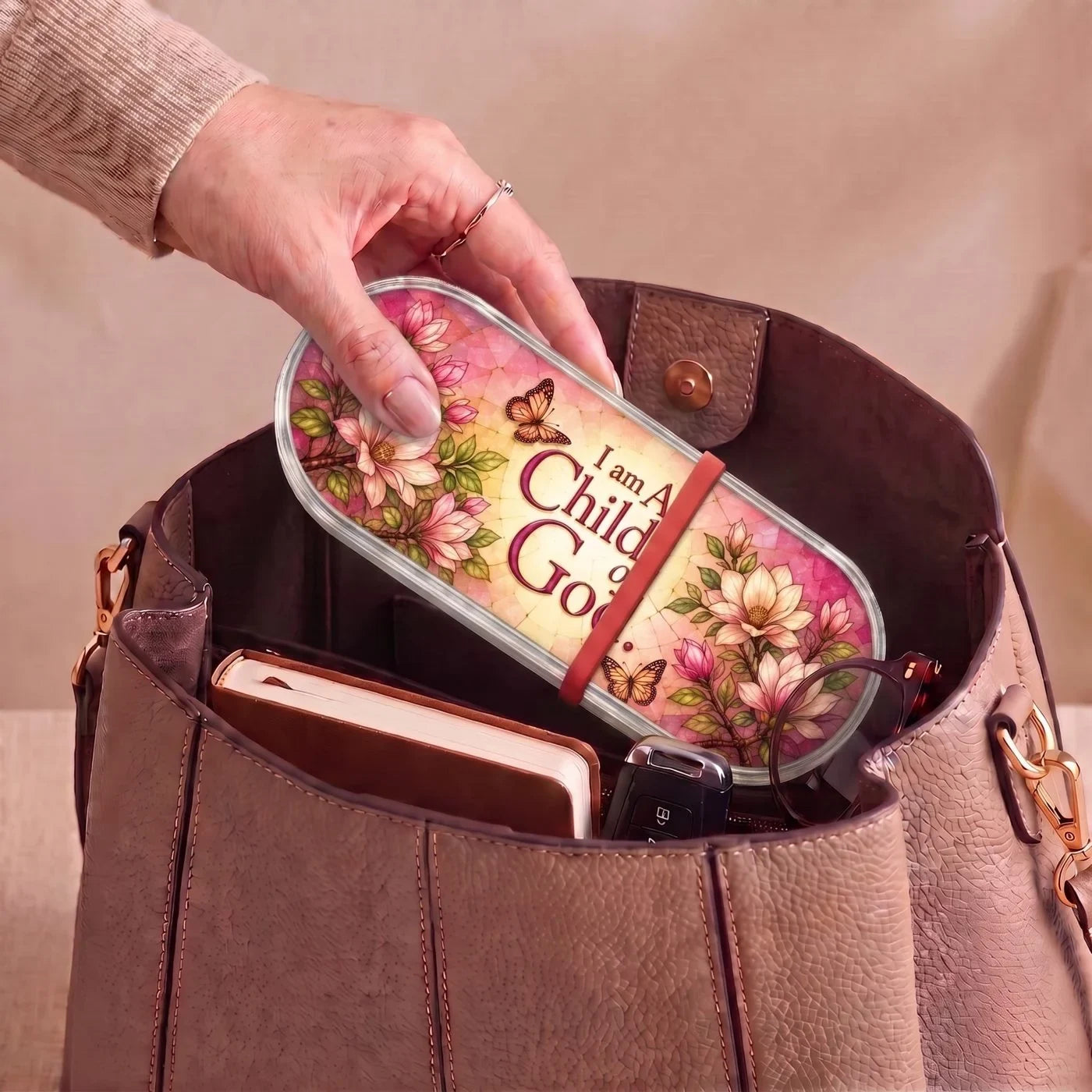 "I Am a Child of God — Magnolia & Butterfly Stained Glass" Pill Case personalized lifestyle view