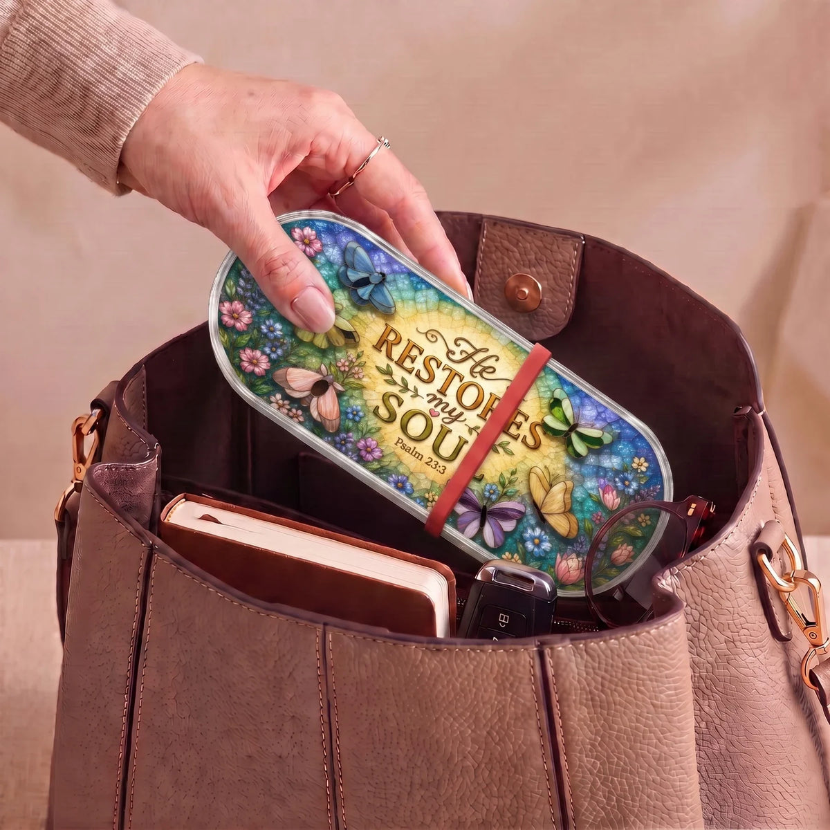 Psalm 23:3 butterfly floral Pillcase carried inside a handbag with everyday essentials