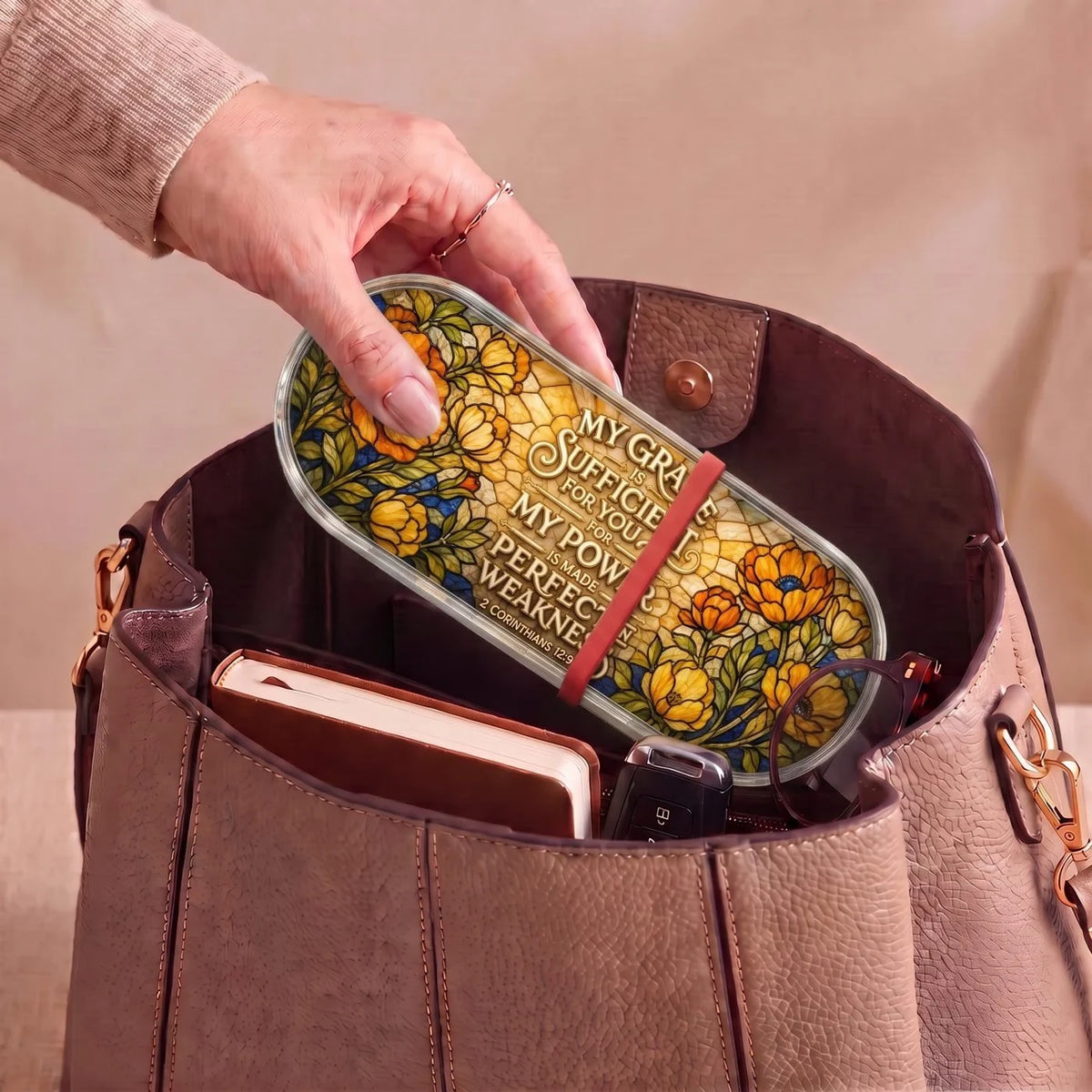 "My Grace Is Sufficient for You — 2 Corinthians 12:9" Pill Case — Pill Case carried inside a handbag