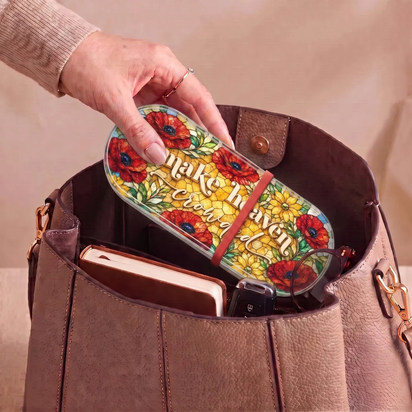 "Make Heaven Crowded — Poppy Floral Stained Glass" Pill Case — Make Heaven Crowded floral Pill Case carried inside a handbag