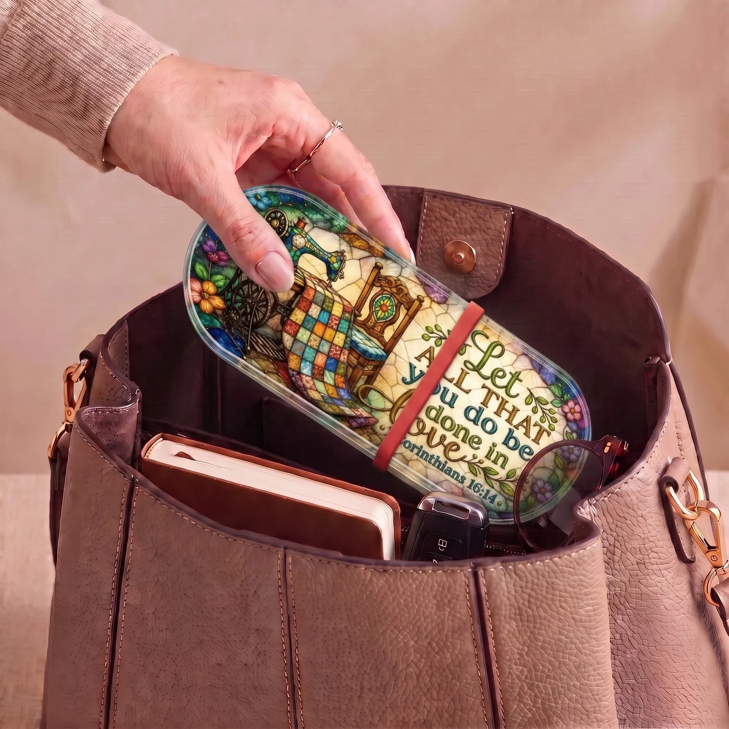 1 Corinthians 16:14 quilting and sewing Pillcase carried inside a handbag with everyday essentials