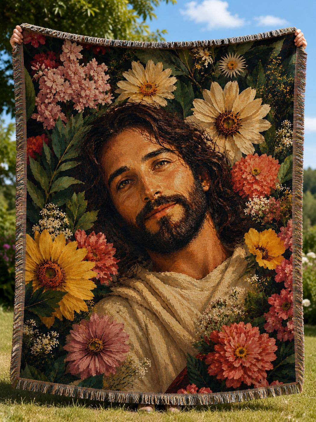 Jesus in the Garden of Grace Floral Woven Blanket
