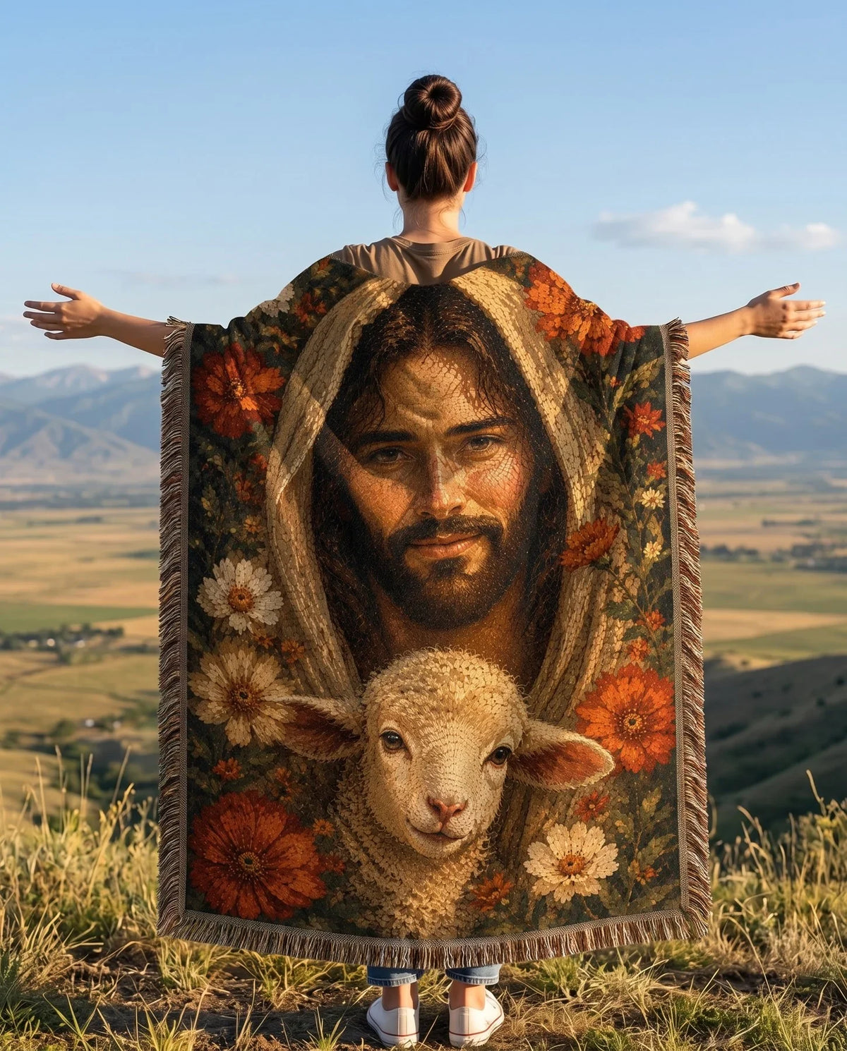 Good Shepherd Lamb and Autumn Florals Woven Blanket