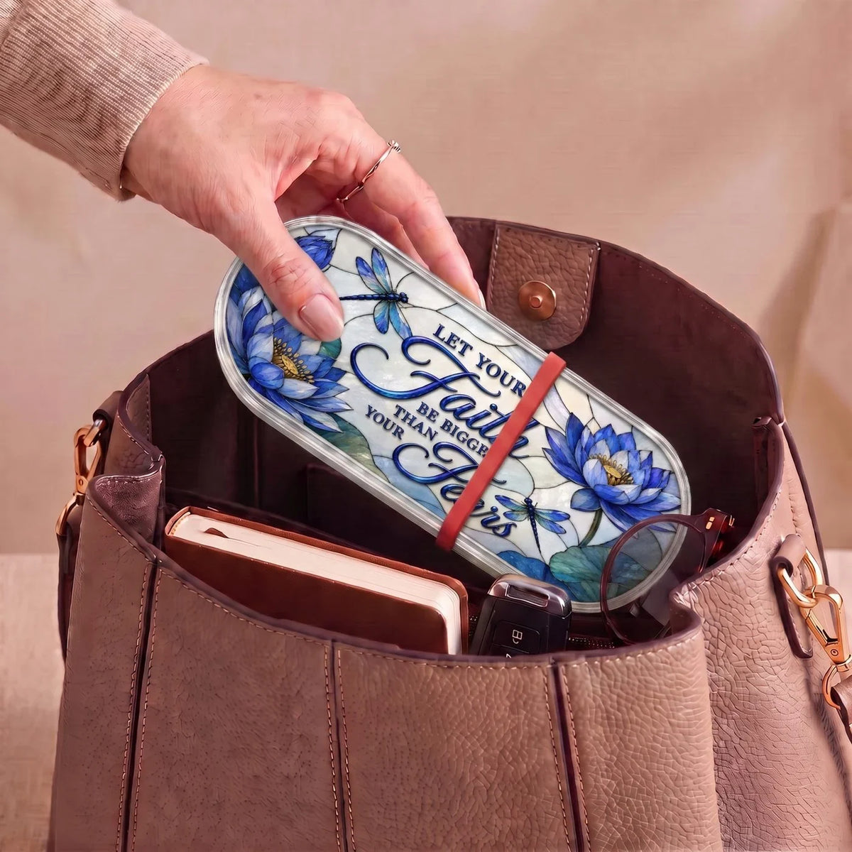 "Let Your Faith Be Bigger Than Your Fears — Blue Lotus & Dragonfly Stained Glass" Pill Case clean product view