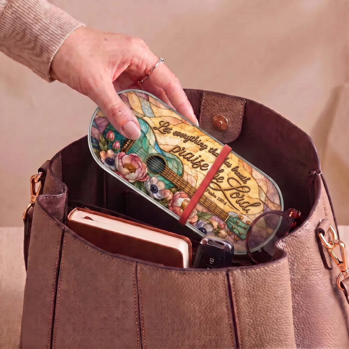 "Let Everything That Has Breath Praise the Lord — Psalm 150:6" Pill Case — turquoise guitar scripture Pill Case carried inside a handbag