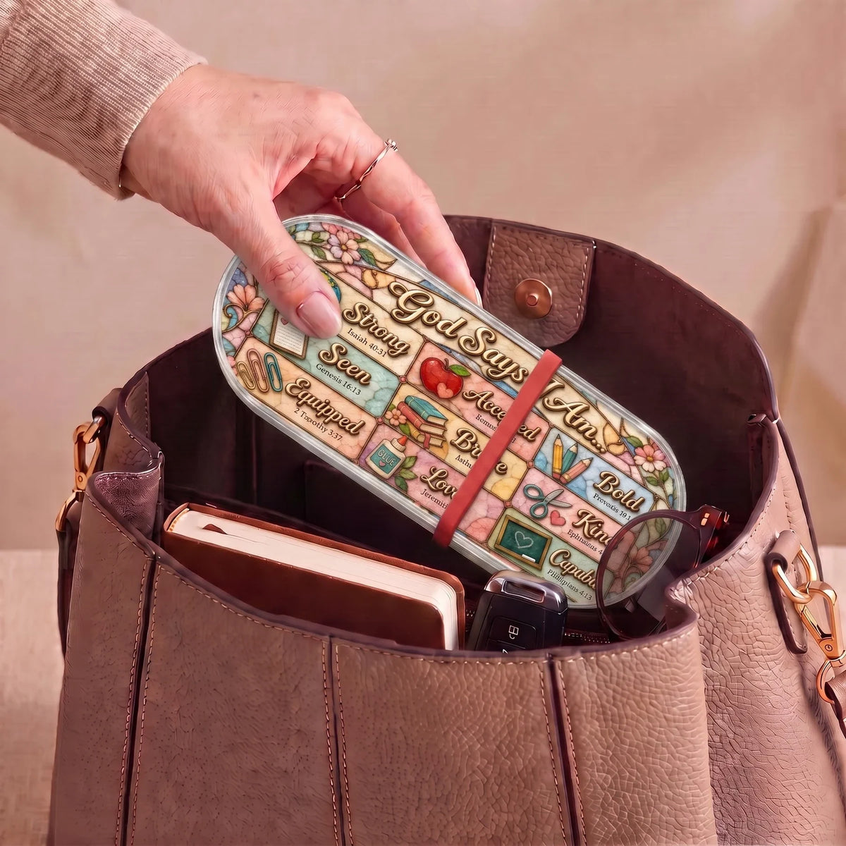 God Says I Am teacher affirmations Pillcase carried inside a handbag with everyday essentials