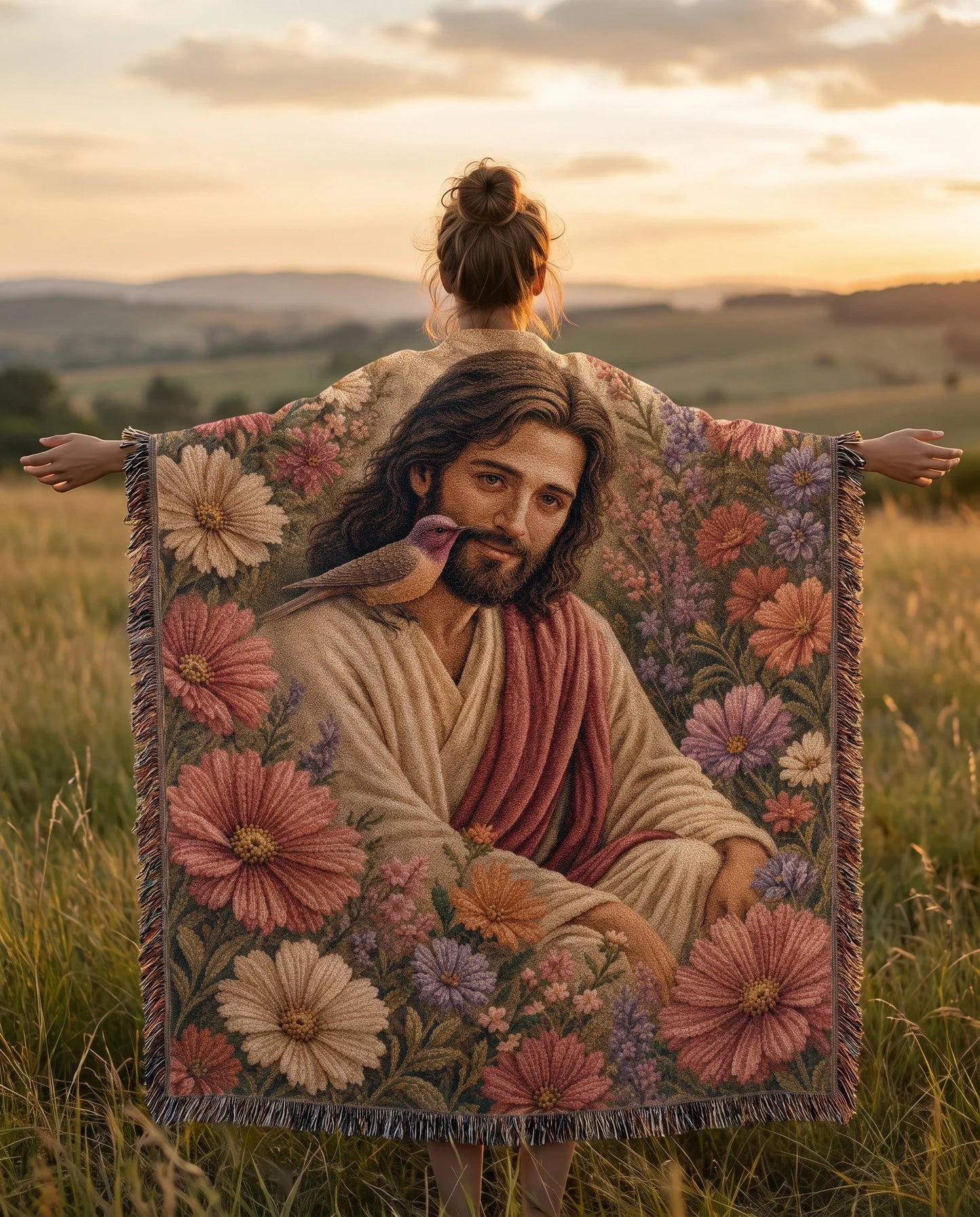 Jesus and the Garden Dove Floral Woven Blanket
