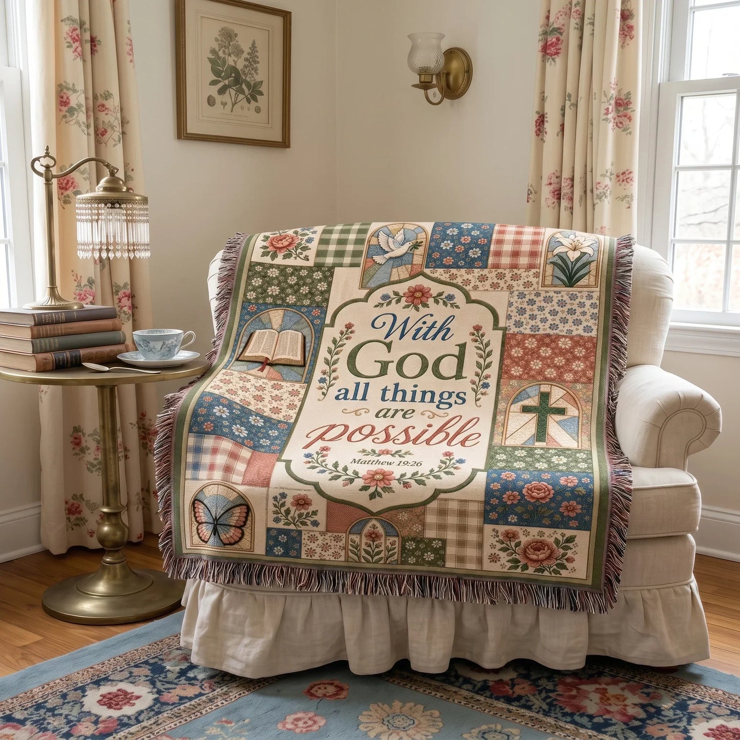 "With God All Things Are Possible — Matthew 19:26 Patchwork" Woven Blanket