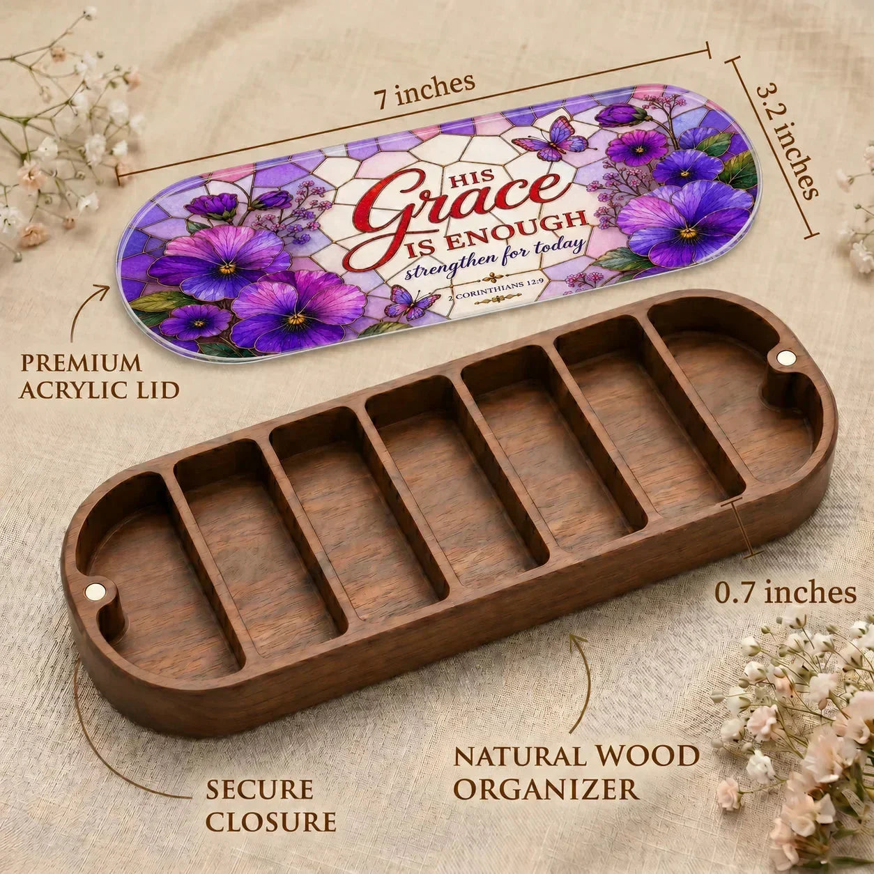Faithbox wooden organizer with stained glass lid, purple flowers, butterflies, and 'His Grace Is Enough' scripture