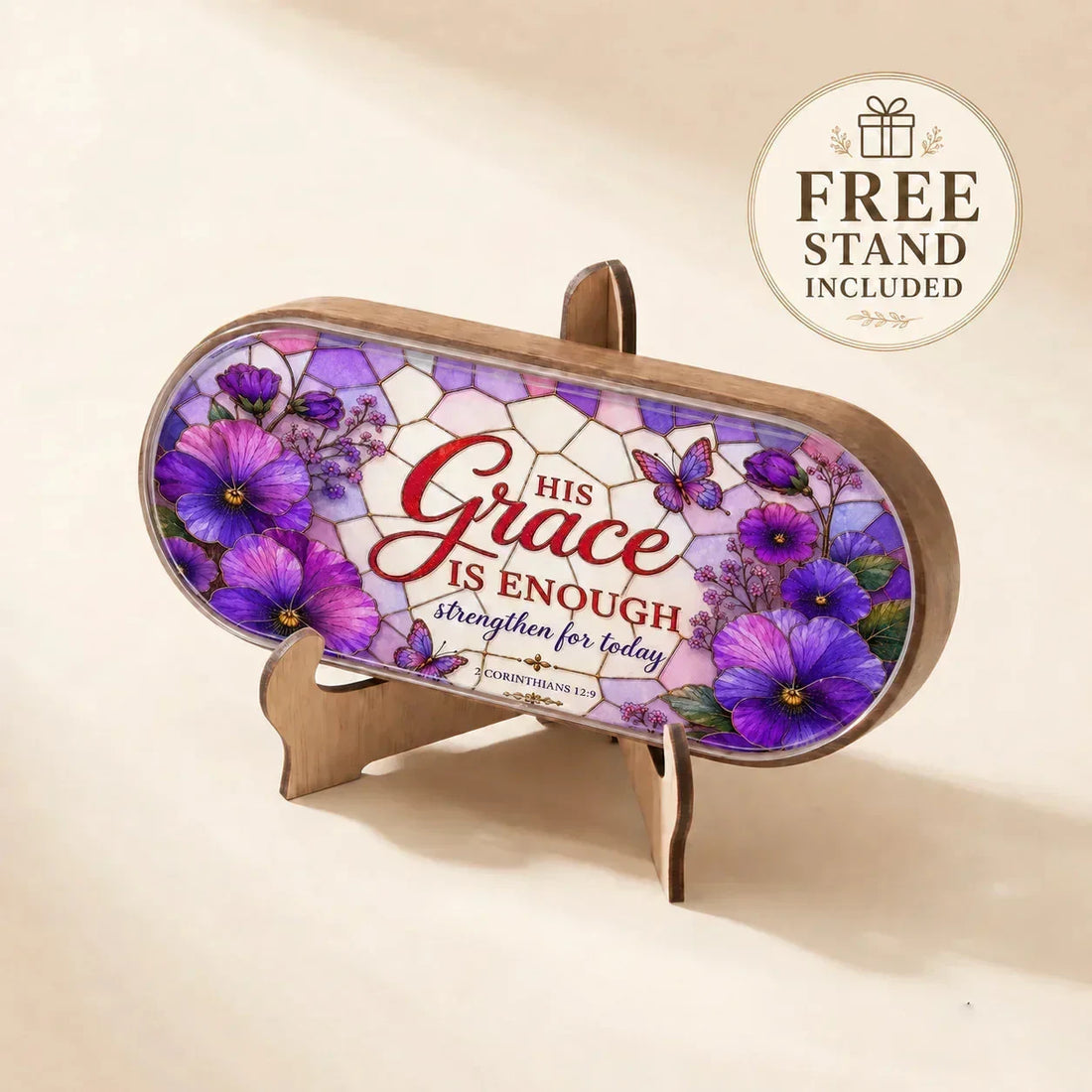 Stained glass plaque with purple flowers, butterflies, and 'His Grace Is Enough' scripture, includes free stand