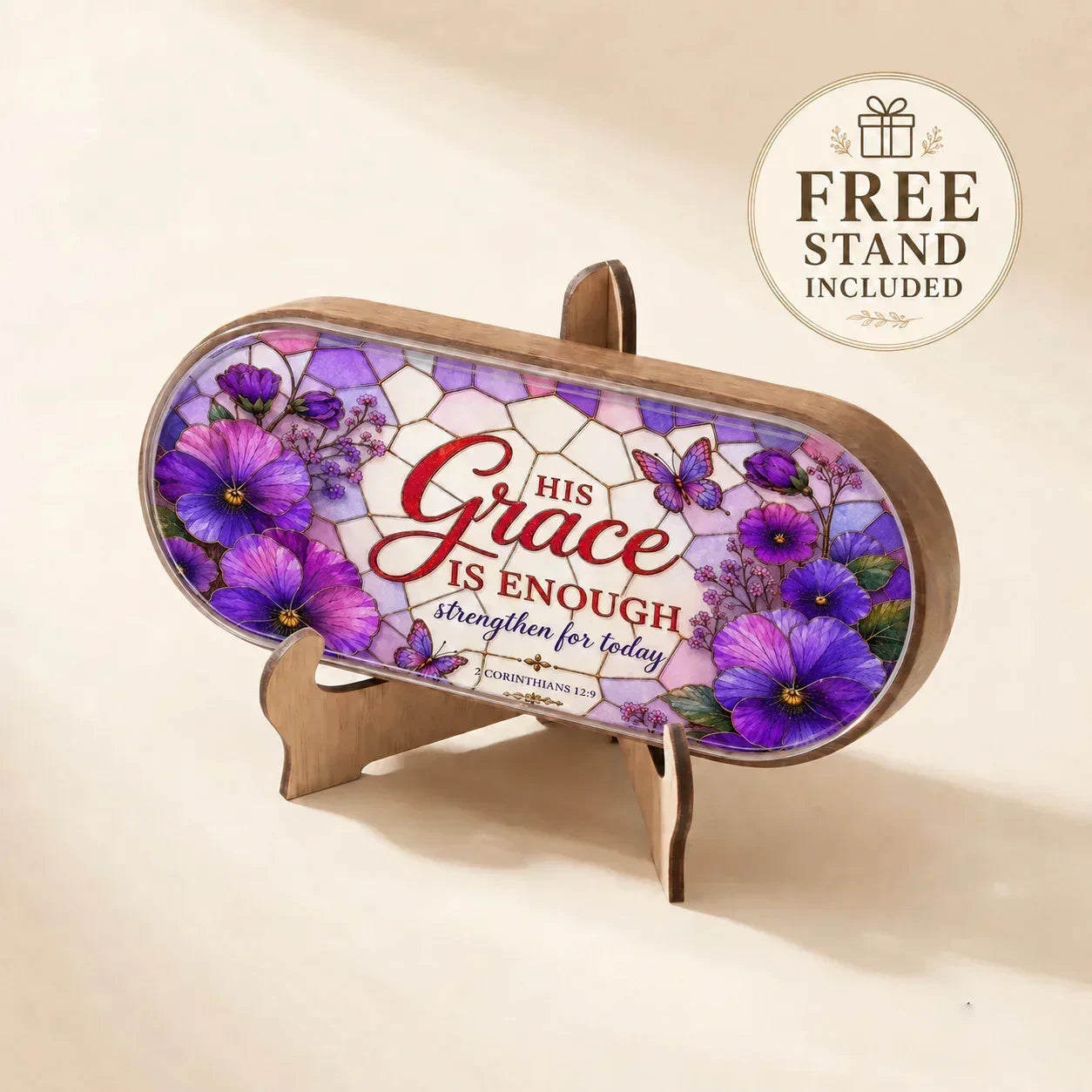Stained glass plaque with purple flowers, butterflies, and 'His Grace Is Enough' scripture, includes free stand