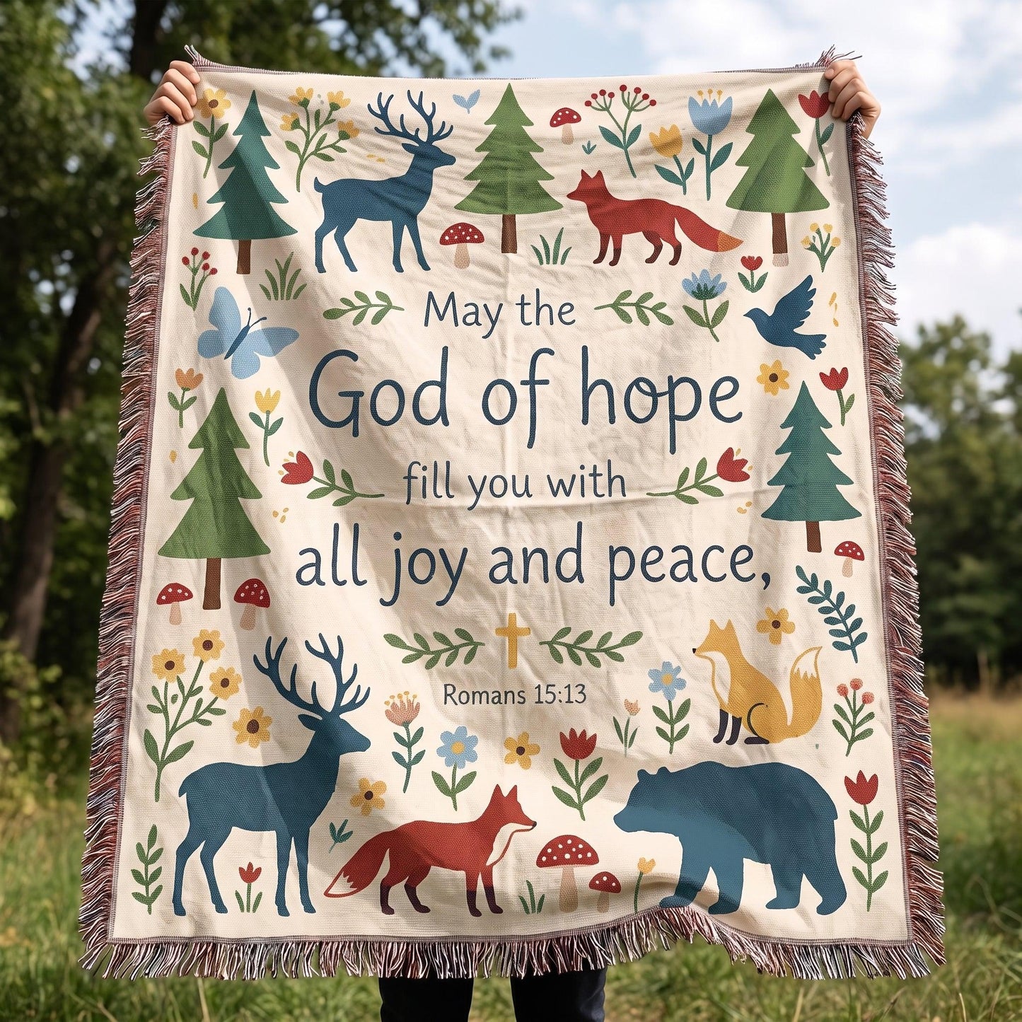 "God of Hope — Romans 15:13 Woodland Tapestry" Woven Blanket