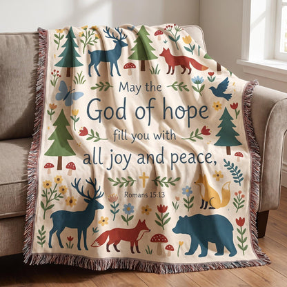 "God of Hope — Romans 15:13 Woodland Tapestry" Woven Blanket